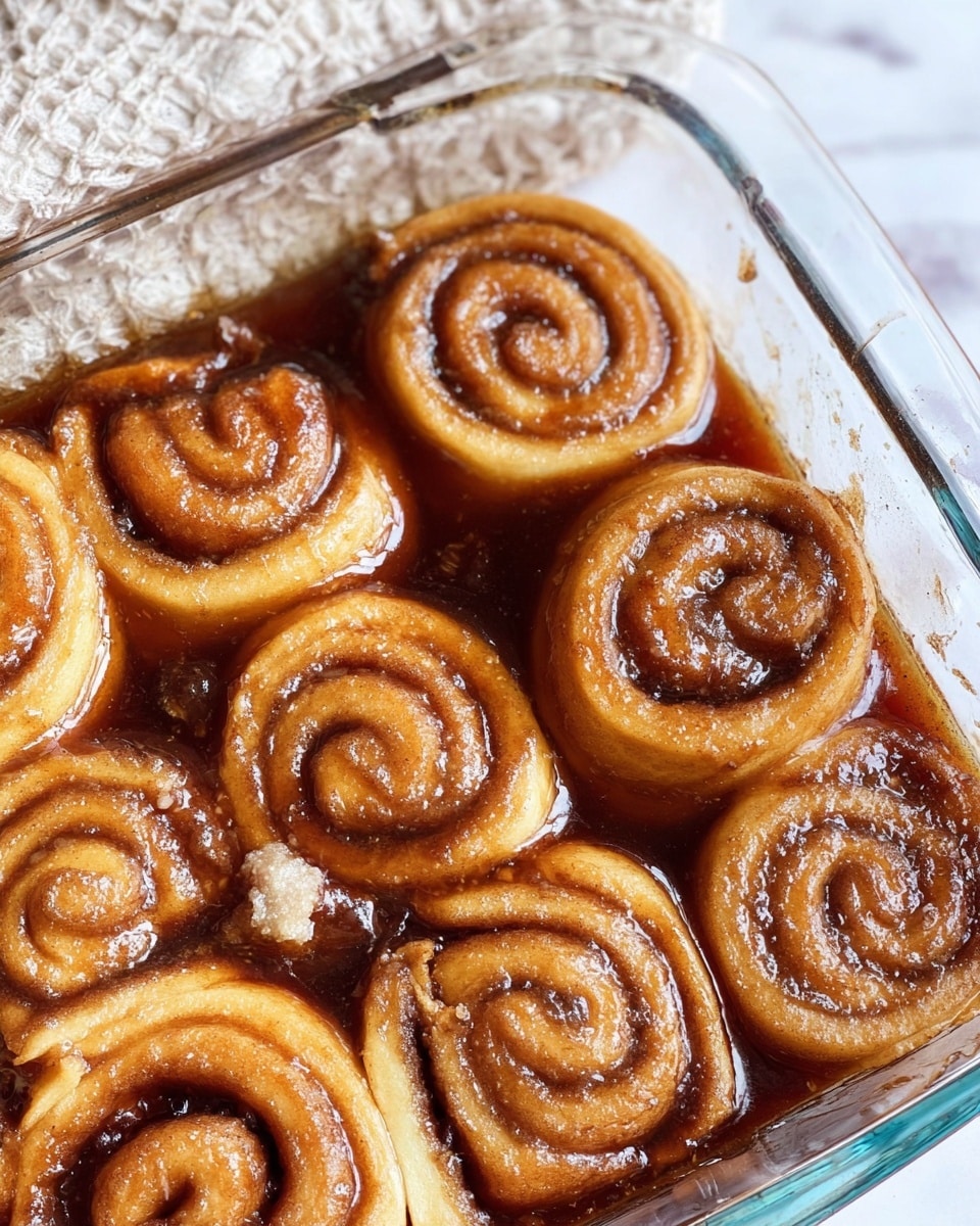The image shows a clear glass square dish filled with a single layer of cinnamon rolls. Each roll is light golden brown with visible swirls of cinnamon and sugar. The cinnamon rolls sit in a rich, dark brown syrup that fills the bottom of the dish and slightly covers the lower parts of the rolls. The top edges of the rolls are slightly darker and look soft, while the inner spiral layers create a textured, creamy appearance with hints of cinnamon. The background has a white marbled texture with a light-colored woven cloth partially visible on the upper left side. photo taken with an iphone --ar 4:5 --v 7