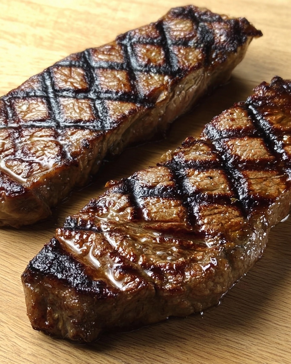 Two grilled steaks with dark brown color and clear black grill marks across the top. The steaks show a shiny, slightly oily surface with some areas darker from the heat. They are placed on a light-colored wooden board. The background surface is a white marbled texture. photo taken with an iphone --ar 4:5 --v 7