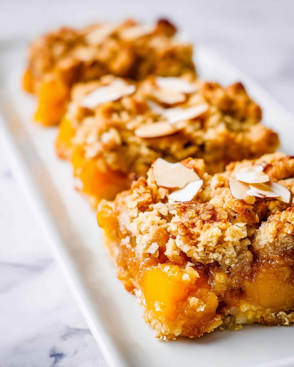 Three pieces of crumble-topped dessert are placed in a row on a long white plate over a white marbled surface. Each piece has a rough top layer with golden brown crumbles and thin, toasted almond slices scattered across. Below the crumble, bright orange fruit chunks peek out, likely cooked to softness. The dessert has a slightly uneven texture, with the fruit layer contrasting with the crumbly topping. The image focuses clearly on the middle piece, showing details of the crunchy topping and juicy fruit inside, while the front and back pieces are softly blurred. Photo taken with an iphone --ar 4:5 --v 7
