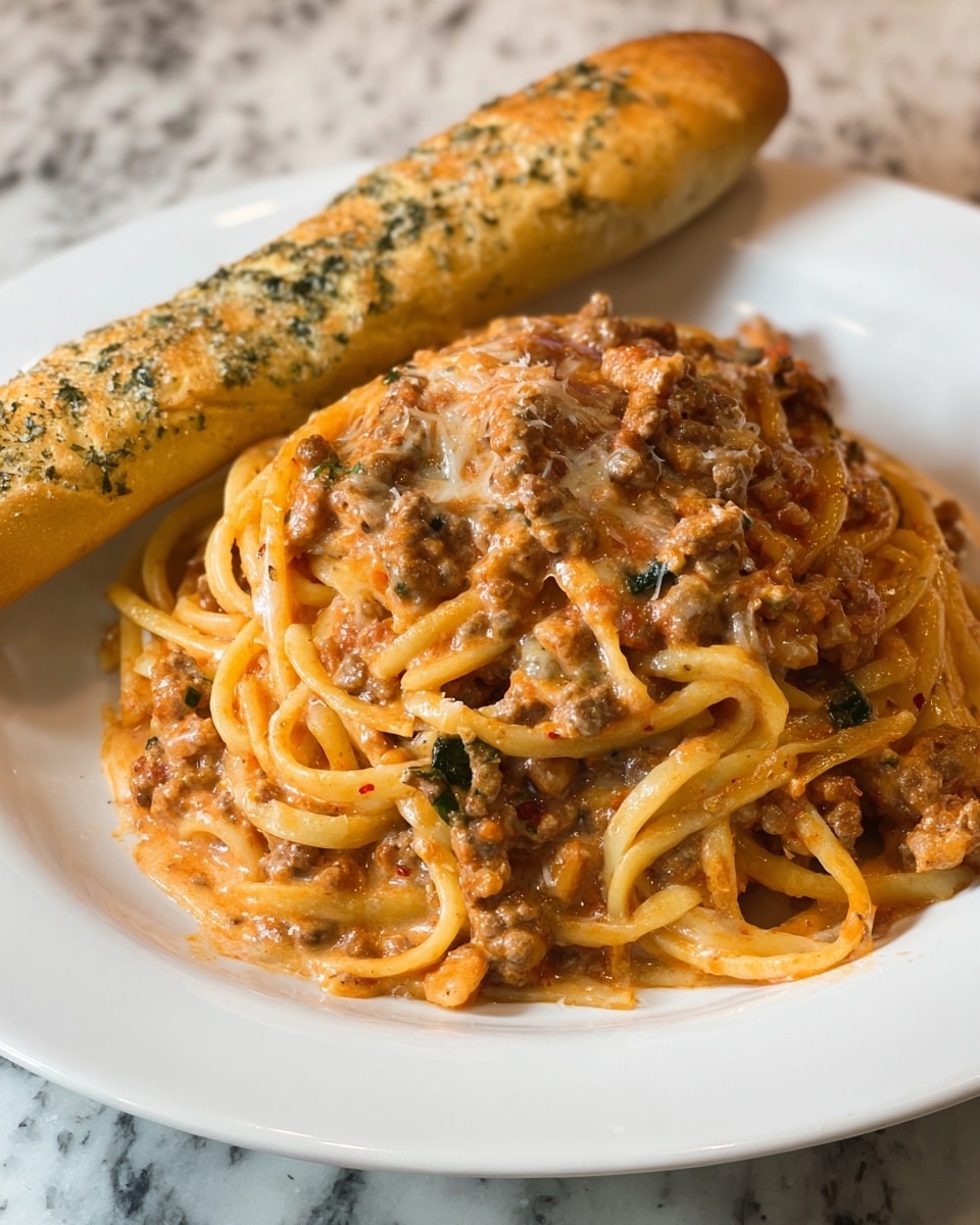 The image shows a white plate filled with creamy spaghetti mixed with browned ground meat and melted cheese throughout. The pasta is coated in a light orange sauce with bits of green herbs scattered on top. On the left edge of the plate, there is a golden brown breadstick sprinkled with grated cheese and green herbs. A silver fork lifts a tangled bite of spaghetti, showing thick, soft noodles and chunks of meat. The plate is set on a white marbled surface. Photo taken with an iphone --ar 4:5 --v 7
