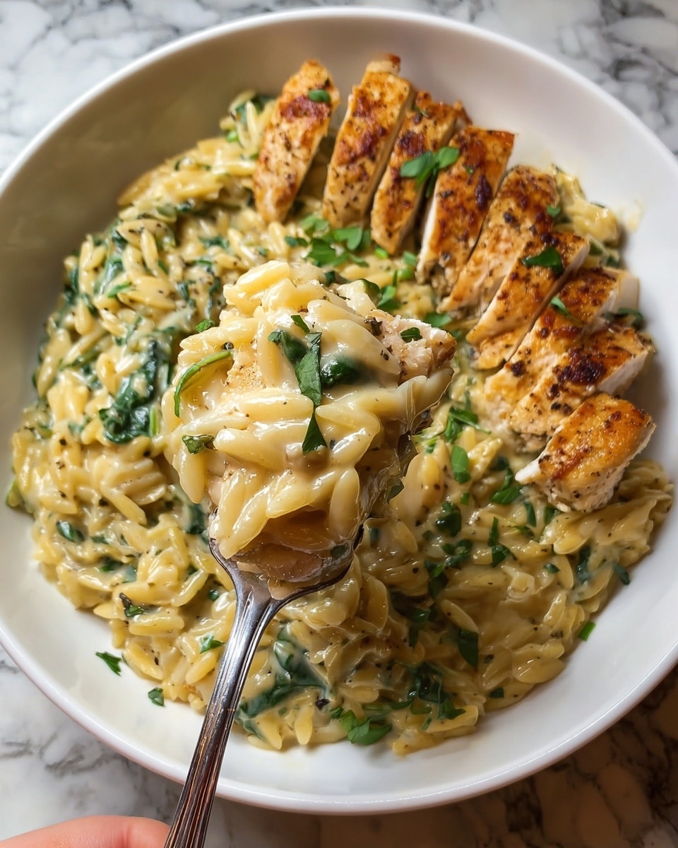 A white round plate filled with creamy orzo pasta mixed with wilted green spinach, creating a soft textured base with a light beige color. At the center, there is a piece of golden brown grilled chicken sliced into thick strips, showing a juicy and slightly charred surface. On top of the chicken rests a fresh lemon wedge, garnished with small green parsley leaves that are also sprinkled lightly over the pasta. The plate is held by two woman's hands from the sides, and the background is a white marbled surface. photo taken with an iphone --ar 4:5 --v 7