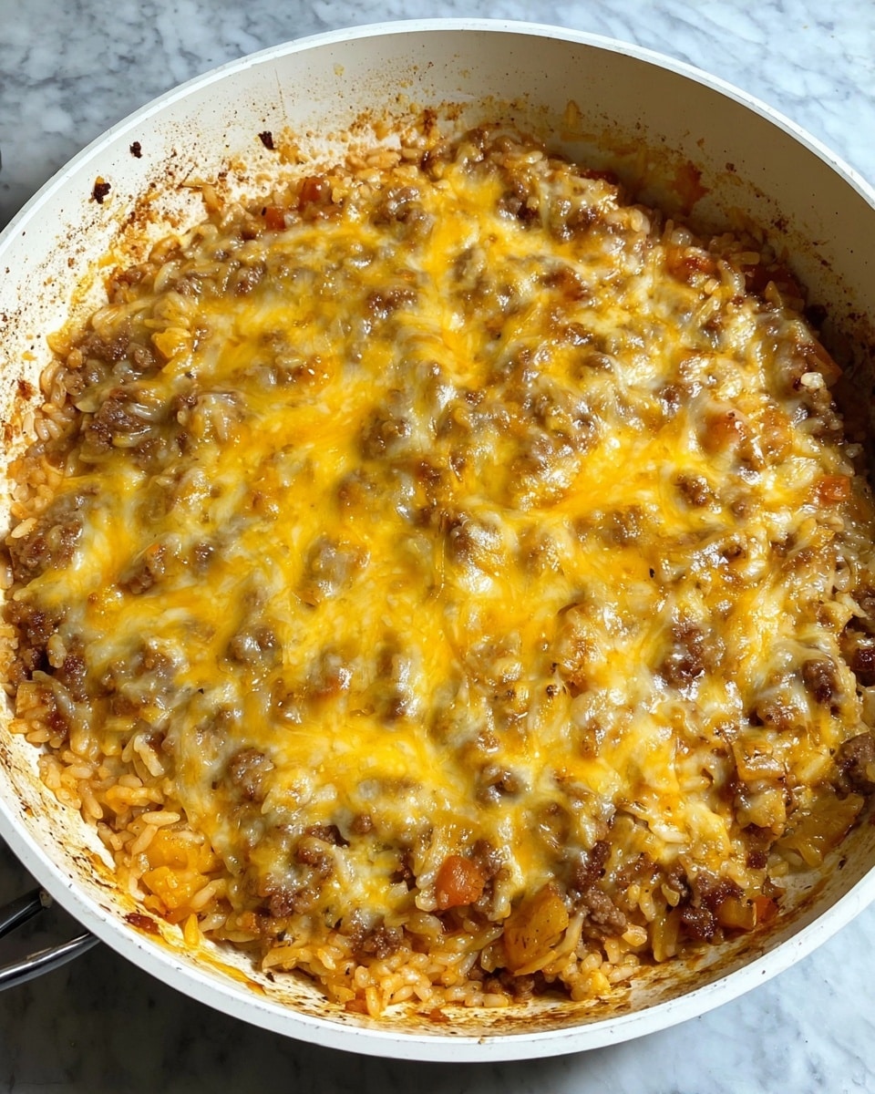 The image shows a single, thick layer of cooked rice mixed with browned meat and small bits of vegetables, topped with melted yellow cheese that spreads unevenly across the surface creating a glossy texture. The mixture is inside a white frying pan with some food stains on the inner sides. The background surface is a white marbled texture. photo taken with an iphone --ar 4:5 --v 7