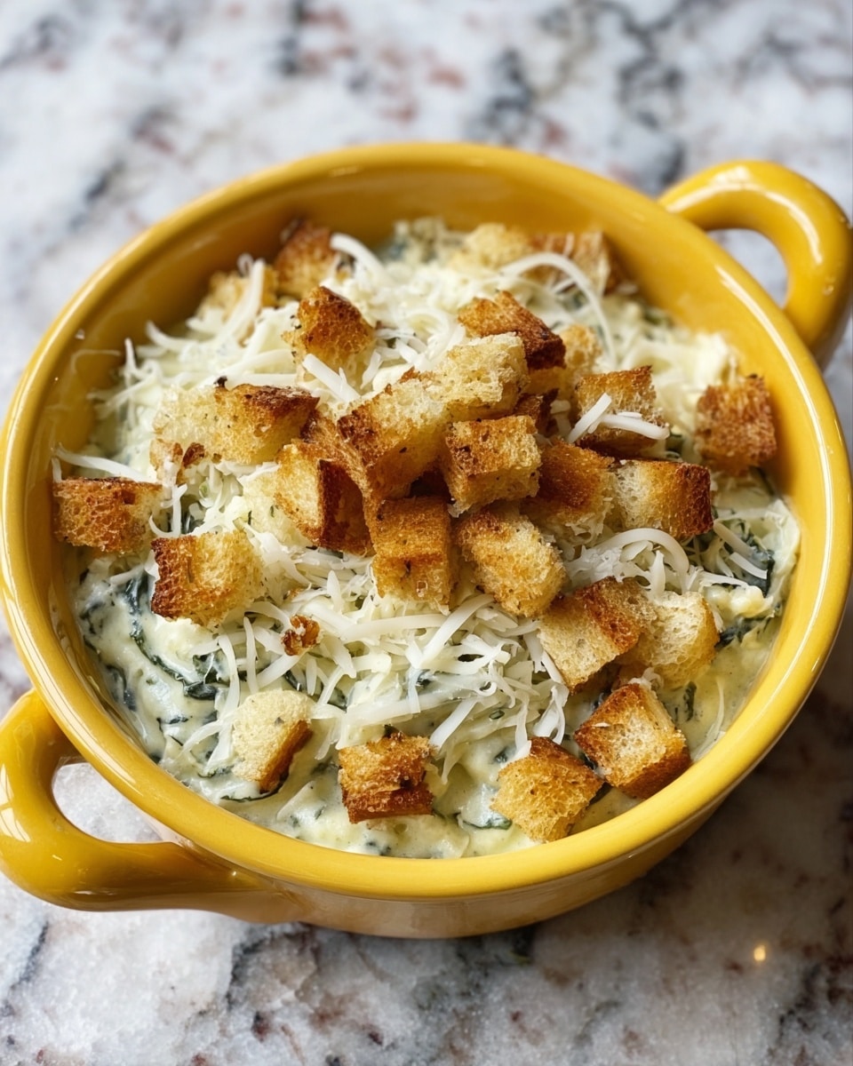 A yellow bowl with two handles holds a creamy dish that is pale greenish with visible dark green bits mixed in. On top of this creamy base is a layer of white shredded cheese scattered unevenly. Over the cheese, there is a layer of golden brown croutons, some small and cube-shaped, adding a crunchy texture. The bowl sits on a white marbled surface. photo taken with an iphone --ar 4:5 --v 7