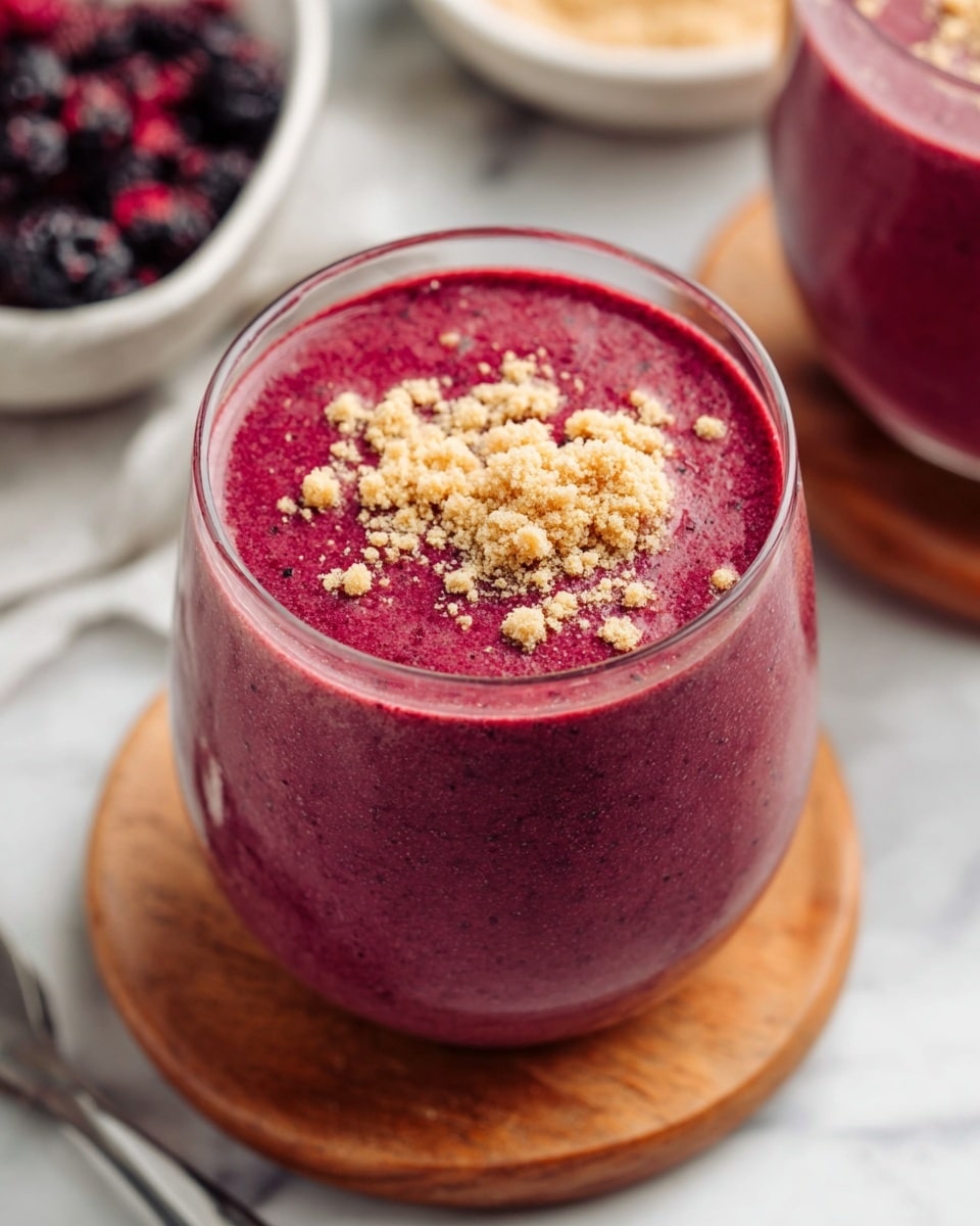 A thick purple smoothie fills a clear glass to the top, showing a rich, smooth texture with tiny dark specks throughout. On the surface, small beige crumbled pieces are scattered, adding a rough texture contrast. The glass is placed on a small wooden board, with a second similar smoothie glass slightly blurred in the background. The setting features a white marbled surface that adds brightness to the scene. Photo taken with an iphone --ar 4:5 --v 7