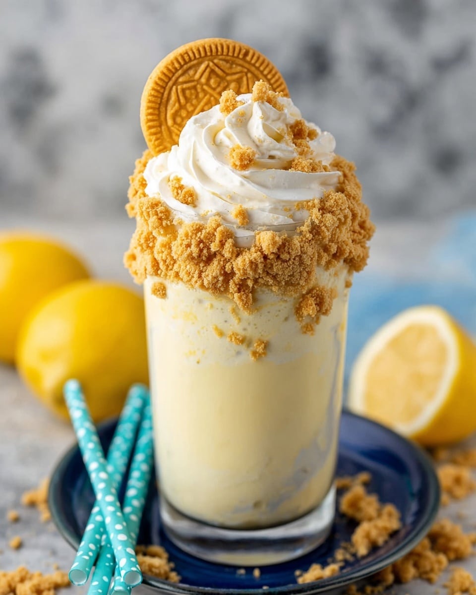 A tall clear glass filled with a smooth pale yellow creamy drink. The rim of the glass is thickly covered with crushed golden cookie crumbs that stick out in rough texture. On top of the drink is a swirl of white whipped cream topped with more crushed cookie crumbs and a whole golden cookie placed at an angle. The glass sits on a dark blue plate on a white marbled surface, with blue and mint green straws with white polka dots beside it, and halved bright yellow lemons around the plate. Photo taken with an iphone --ar 4:5 --v 7