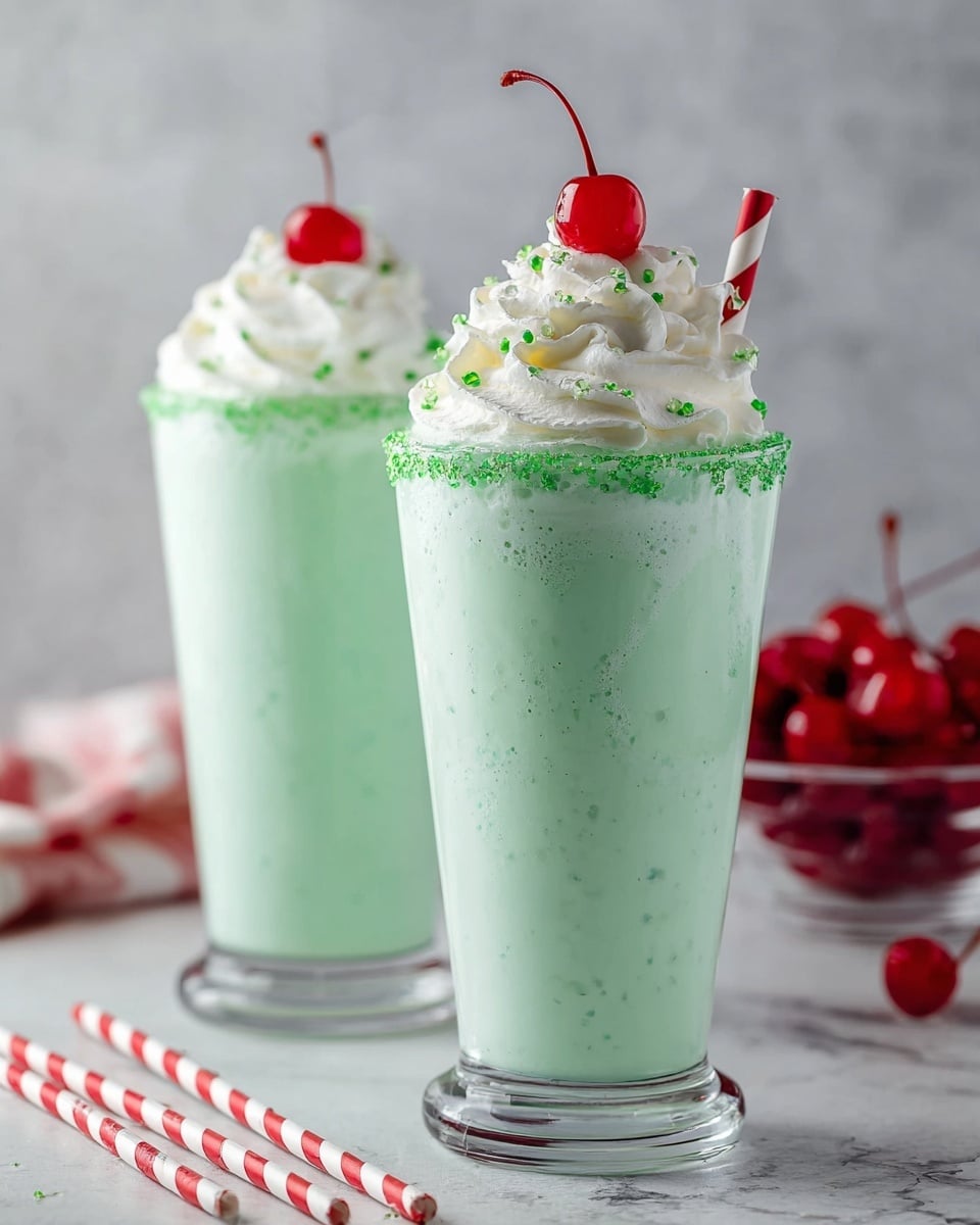 A tall clear glass filled with a pale green milkshake, topped with a thick layer of white whipped cream sprinkled with small green sugar crystals, and crowned with a bright, shiny red cherry with a long stem; the glass rim is coated with a green sugar border. The glass is set on a white marbled surface, and in the blurred background, more cherries are visible in a clear bowl. Photo taken with an iphone --ar 4:5 --v 7