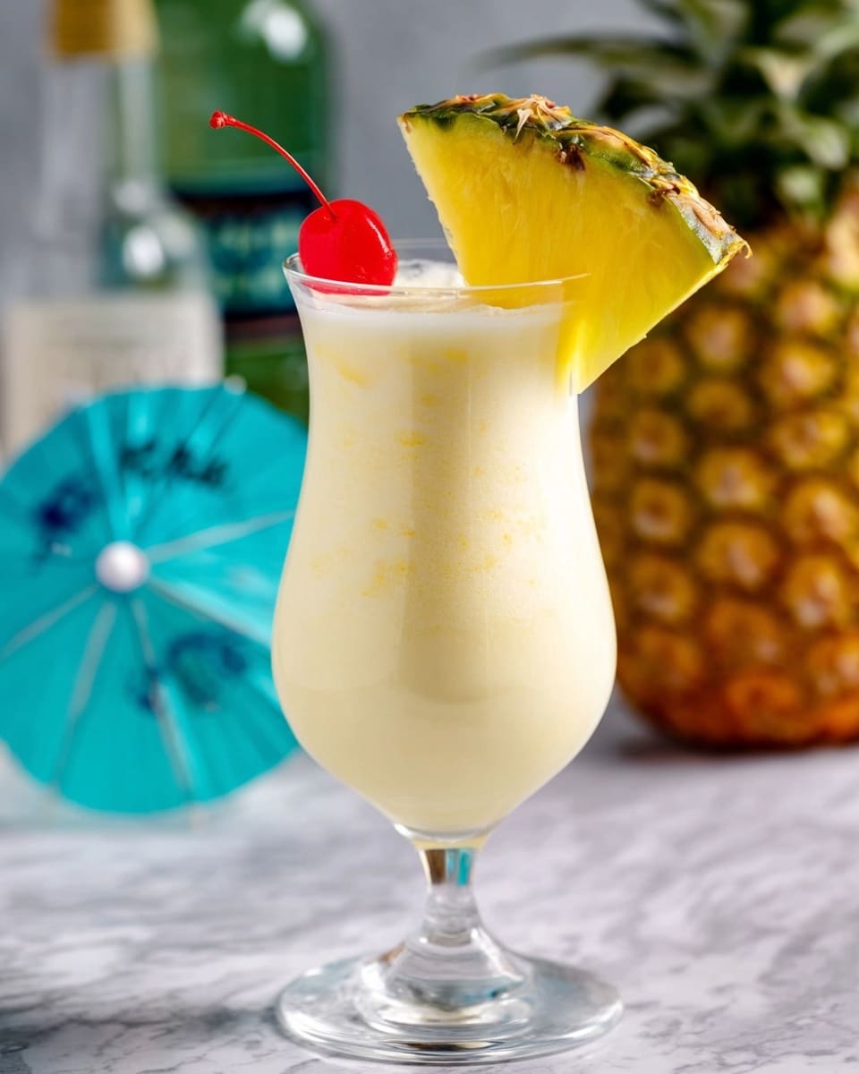 A creamy pale yellow drink fills a clear, curvy glass with tiny bubbles on its surface, topped with a vibrant red cherry partly submerged near the rim. A large, bright yellow pineapple slice with green tips is placed on the glass edge behind the cherry. A pink straw decorated with small, colorful pineapples sticks out from the drink on the right side. The glass rests on a white marbled surface with a whole pineapple blurred in the background and a small blue paper umbrella lying flat nearby. photo taken with an iphone --ar 4:5 --v 7