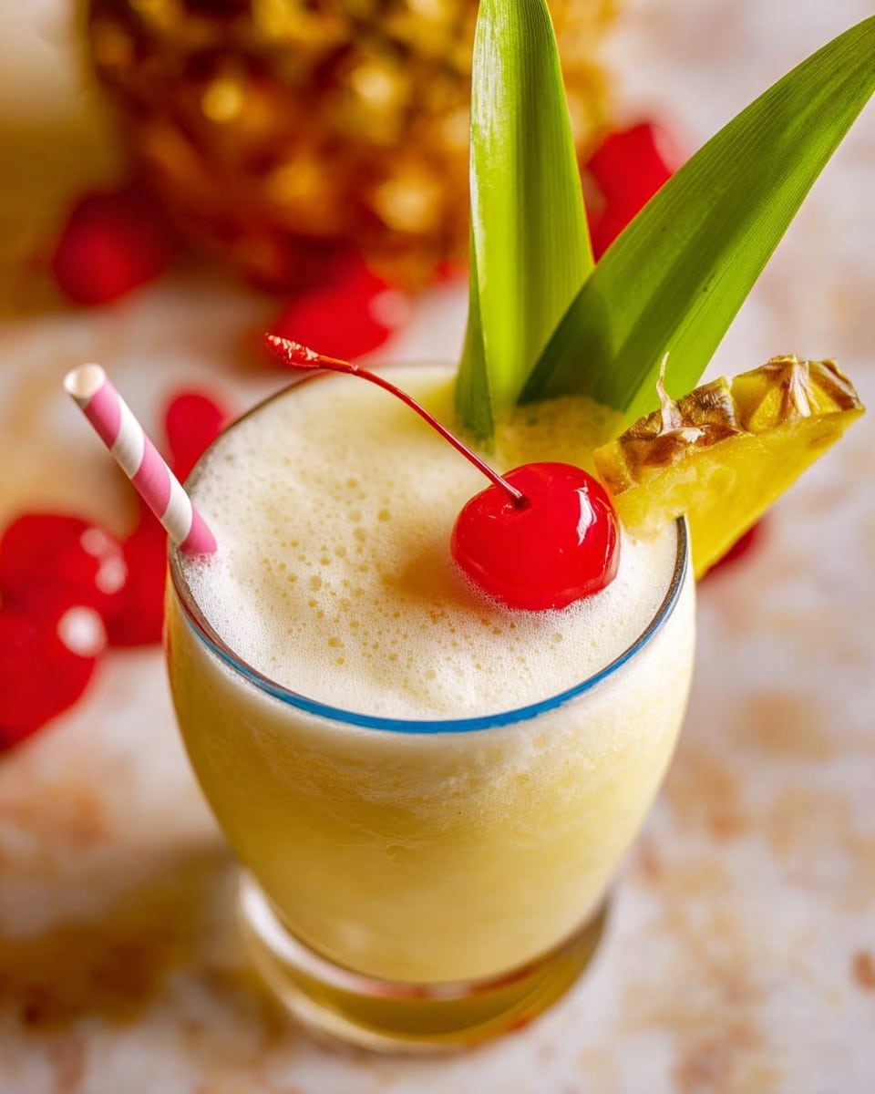 A creamy light yellow drink fills a clear glass with a thin blue rim, topped with a thick layer of frothy foam. On top of the foam sits a shiny red cherry with its stem, and a sprig of green pineapple leaves is placed on the side near a small piece of pineapple skin. A pink and white striped straw leans against the edge of the glass. The background shows soft red and yellow blurred shapes, all on a white marbled surface. photo taken with an iphone --ar 4:5 --v 7
