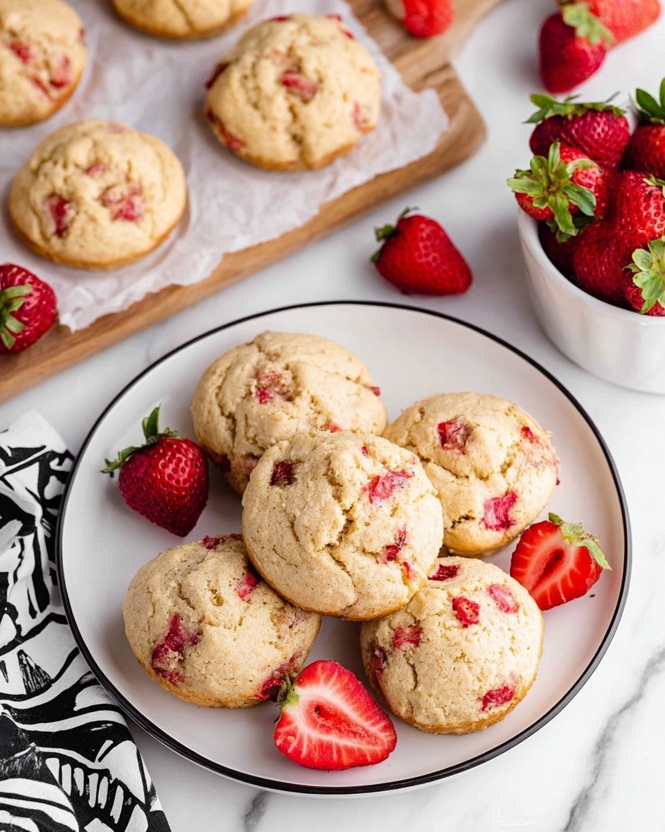 A white plate with a thin black rim holds six light golden beige strawberry muffins, each studded with small red strawberry pieces inside and on top, showing a soft and slightly crumbly texture. Around the plate there are several fresh strawberries, two whole with green leaves, one sliced in half showing its red inside with white core, adding a fresh touch. In the background, more muffins are placed on white parchment paper on a wooden board, and a white bowl on the side contains bright red strawberries with green tops. The setting is on a white marbled surface with a black and white patterned cloth partially visible. photo taken with an iphone --ar 4:5 --v 7