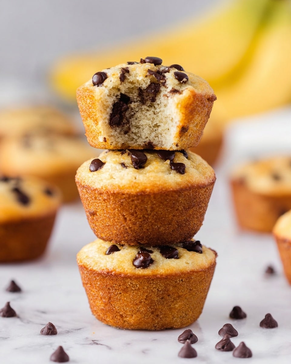 Three mini chocolate chip muffins are stacked on top of each other on a white marbled surface. The bottom two muffins show a golden-brown outer edge with chocolate chips scattered on the top and sides. The top muffin has a bite taken out of it, revealing a soft, light interior with chocolate chips inside. Around the stack, there are loose chocolate chips and blurred muffins in the background with a blurred bunch of bananas. photo taken with an iphone --ar 4:5 --v 7