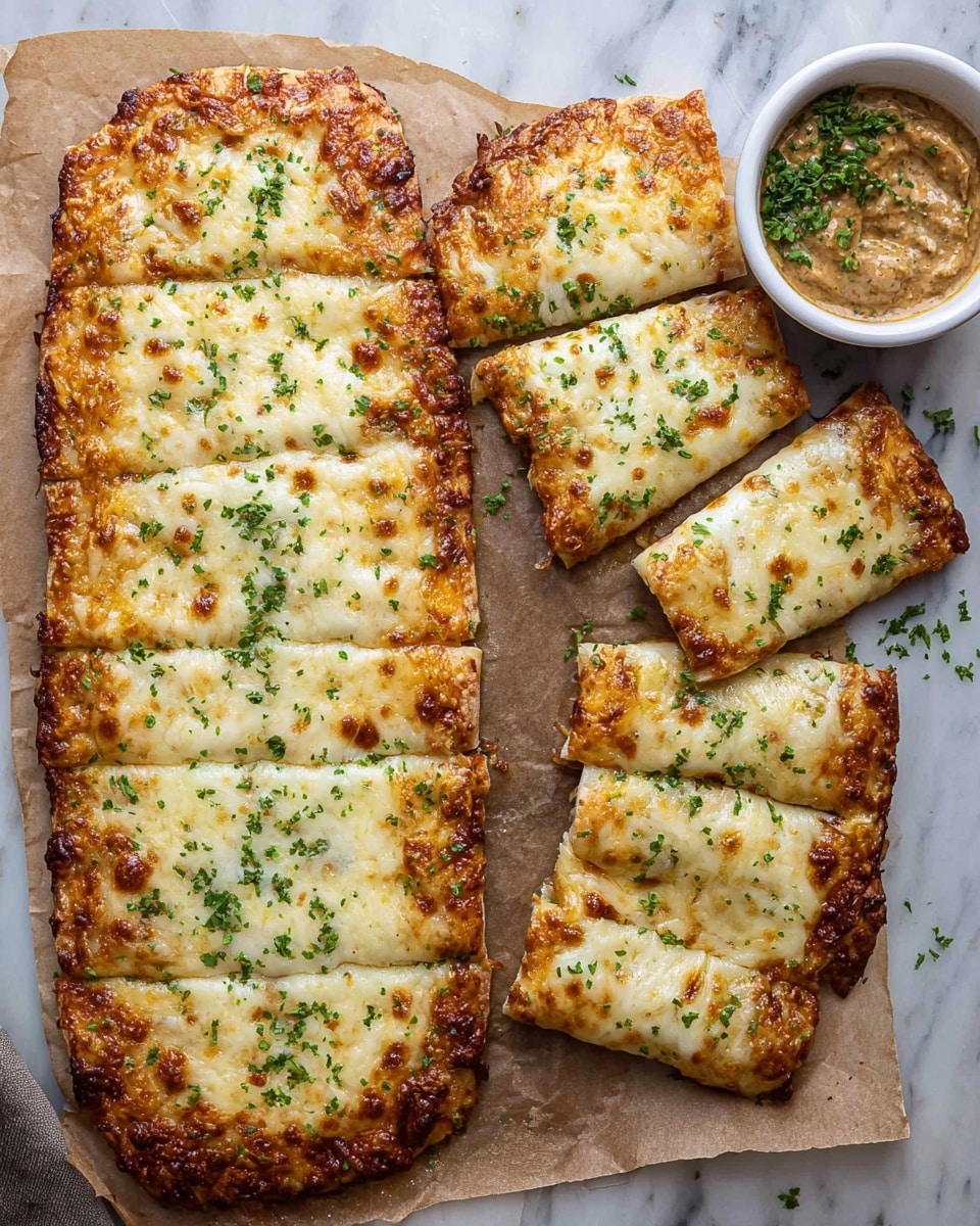 Two long slices of toasted bread are topped with a thick, bubbly layer of melted cheese that is golden brown in some spots and white in others. The cheese layer covers the entire surface of the bread, slightly overflowing on the edges. Small green herb bits are sprinkled on top, adding texture and color contrast. The bread rests on crumpled brown parchment paper placed on a white marbled surface. A small white bowl nearby contains chopped green herbs, with some spilled around it. photo taken with an iphone --ar 4:5 --v 7