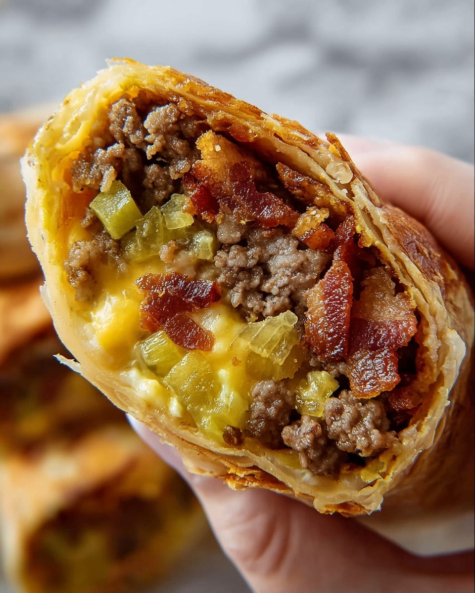 A metal tray holds several golden-brown fried egg rolls with a crispy, bubbly texture on the outside. Two egg rolls are cut open showing layers inside: a juicy ground meat layer at the bottom, topped with bright green chopped pickles and crispy reddish-brown bacon bits. The outside of the whole egg rolls is drizzled with light orange sauce and sprinkled with finely chopped green pickles and small bacon pieces. The tray is set on a white marbled surface. photo taken with an iphone --ar 4:5 --v 7