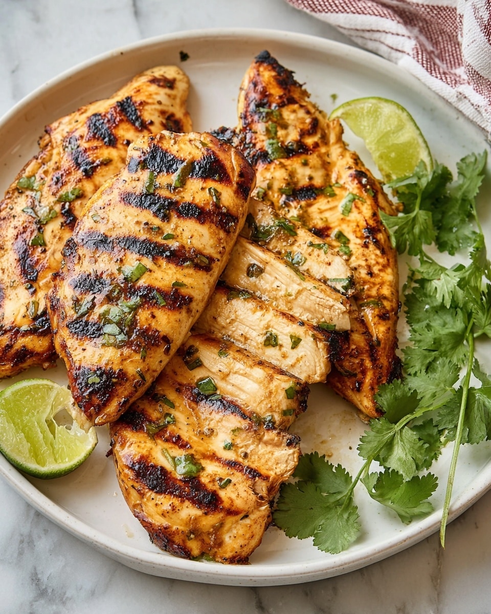 The image shows grilled chicken with clear grill marks, cut into thick slices, laid on a white plate. The chicken is golden brown with slightly charred edges and small pieces of green herbs scattered on top. Two lime wedges with a shiny, juicy texture are placed at the corner of the plate. Fresh cilantro leaves add a bright green color around the chicken. The plate sits on a white marbled surface with a striped cloth partially seen in the background. photo taken with an iphone --ar 4:5 --v 7