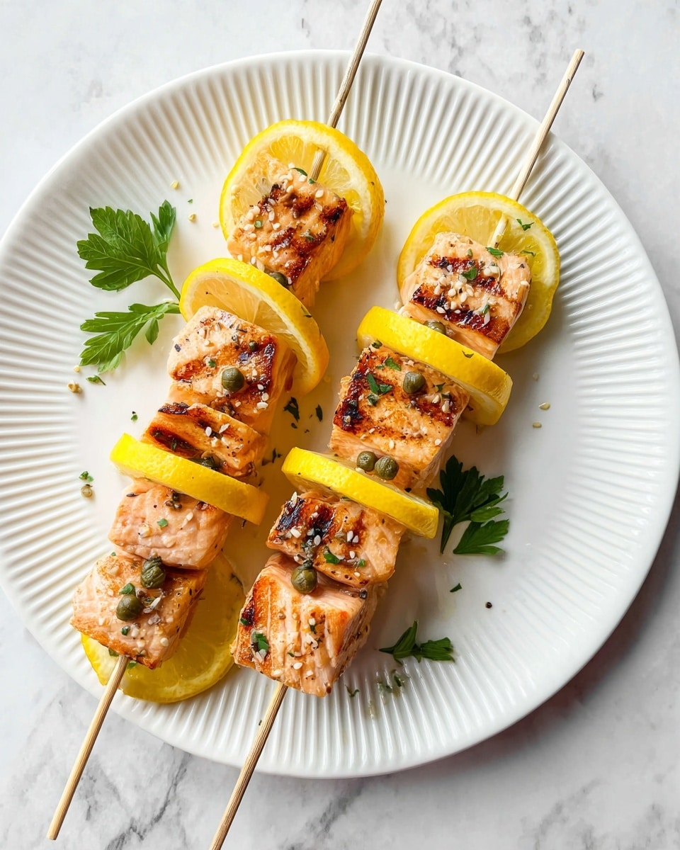 The image shows wooden skewers with four layers of grilled salmon pieces in light orange with seared brown spots, each separated by thin slices of bright yellow lemon. The skewers lie side by side on a white ridged plate, placed on a white marbled surface. Small green capers and white sesame seeds are sprinkled on the salmon pieces, adding texture and color. A few sprigs of fresh green parsley sit next to the skewers on the plate. Photo taken with an iphone --ar 4:5 --v 7