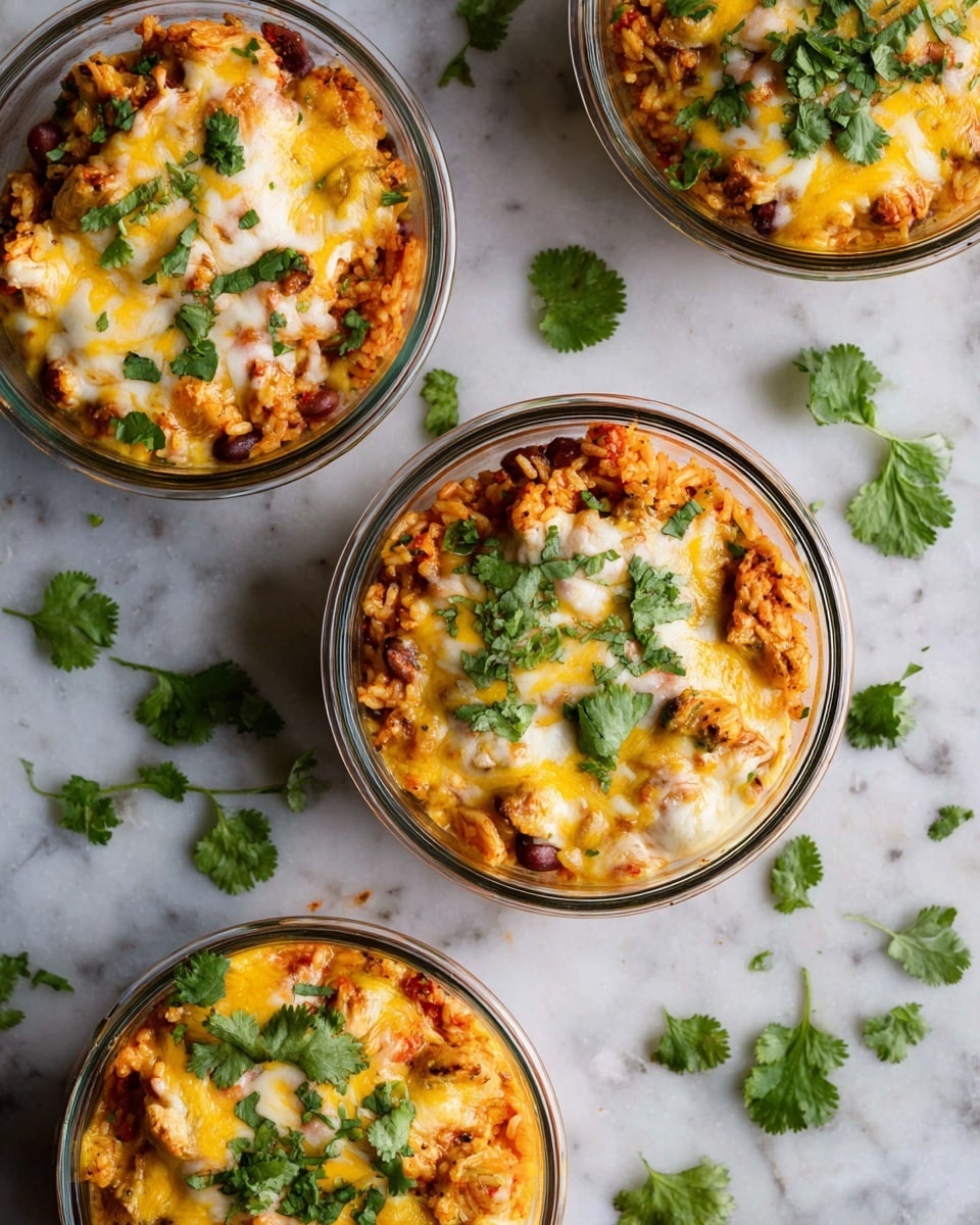 The image shows four clear round glass bowls filled with a layered dish of yellow and white melted cheese on top, mixed with reddish-orange rice and small pieces of chicken, all sprinkled with fresh green cilantro leaves. The bowls are placed on a white marbled surface with scattered cilantro leaves around them, creating a fresh and colorful look. The dish layers include the melted cheesy top with a soft texture, the mixed rice and chicken below with a warm reddish hue, and green cilantro added both inside and on top for garnish. Photo taken with an iphone --ar 4:5 --v 7