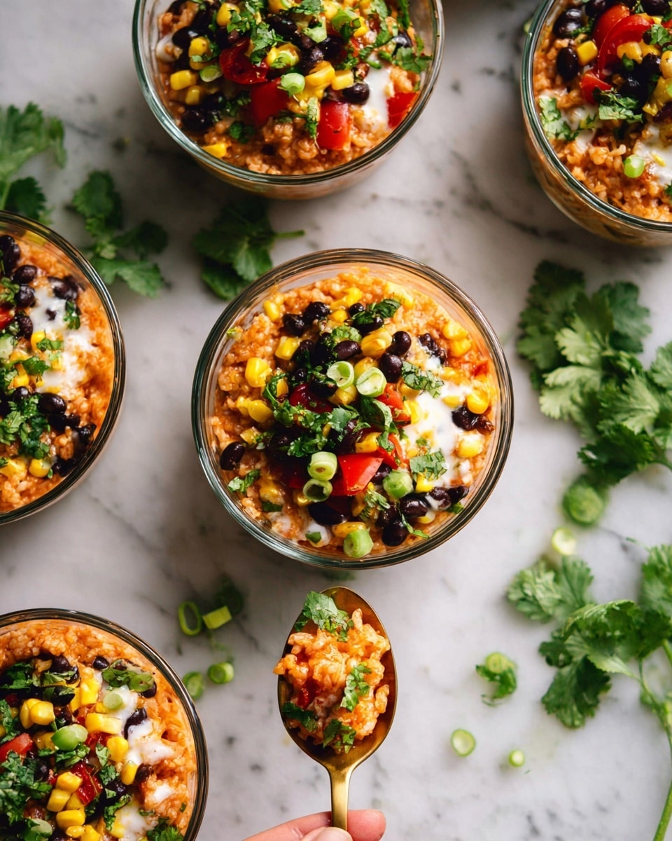 The image shows several clear glass bowls filled with a layered dish. The bottom layer is a soft, orange-tinted rice mixed with some melted white cheese. On top of the rice, there is a colorful mix of black beans, yellow corn, chopped red cherry tomatoes, and green herbs like cilantro and sliced green onions, adding a fresh feel. The bowls are placed on a white marbled surface, with some loose cilantro leaves scattered around for garnish. A golden spoon holds a spoonful of the same colorful mix near one bowl, and a woman's hand is partly visible holding it. The scene is bright and vibrant, highlighting the contrast between the vegetables and rice. photo taken with an iphone --ar 4:5 --v 7