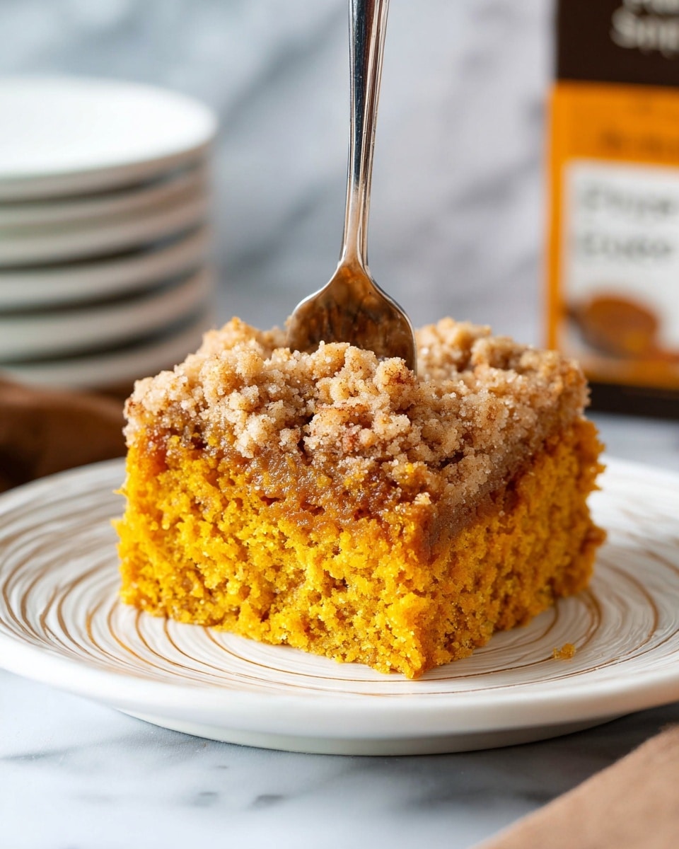 The image shows one thick square piece of orange cake with a crumbly brown topping, placed in the center of a white plate. The cake has a moist, dense texture with visible small air pockets throughout. The top layer has a rough, uneven texture made of small clumps with a golden-brown color that contrasts with the bright orange cake layer beneath it. The plate rests on a wooden surface, with a blurred background showing some containers out of focus. Photo taken with an iphone --ar 4:5 --v 7
