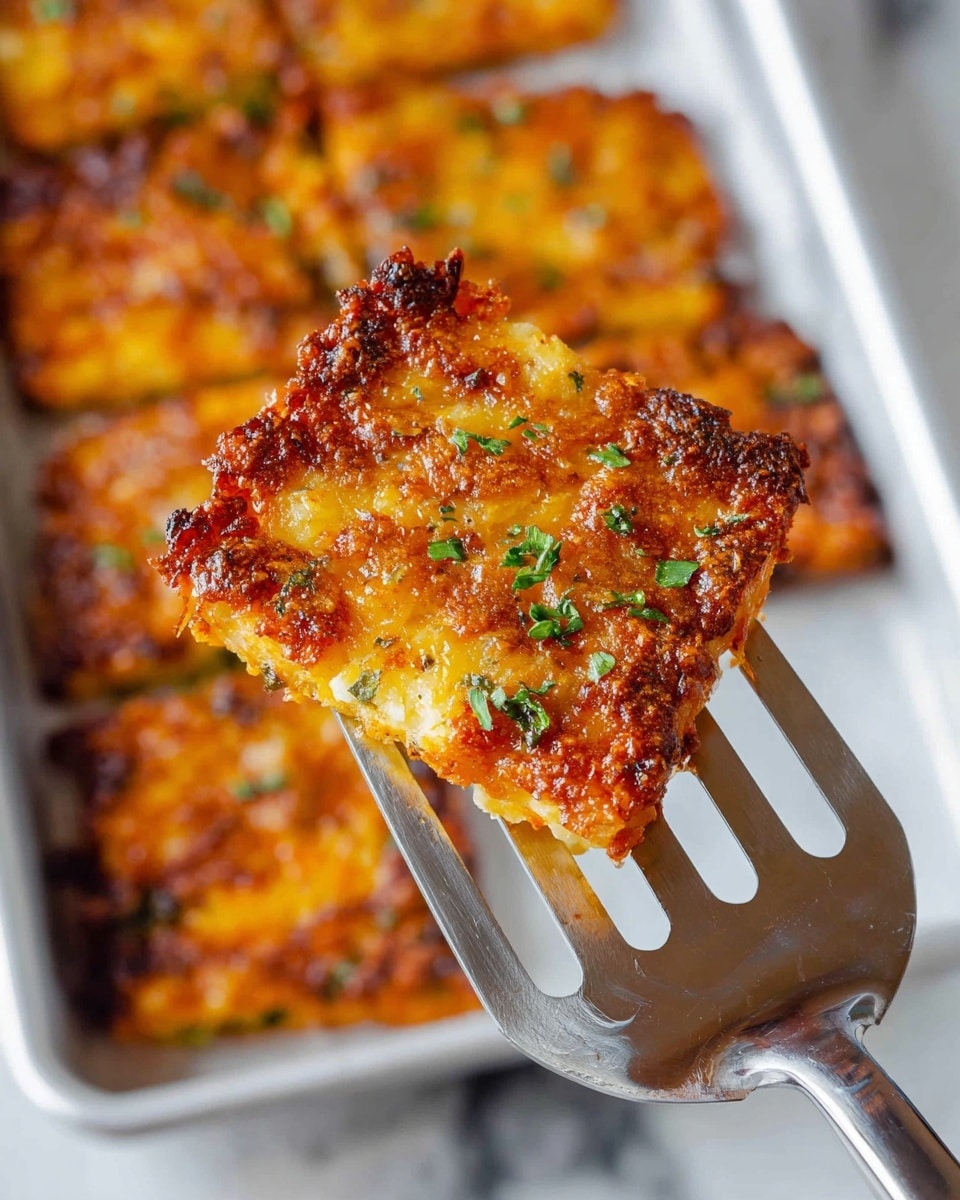 A close-up image showing a crispy, dark orange and golden flat piece of baked cheesy food held by a metal spatula with thin slits; this piece has a crunchy textured top with small green herb bits sprinkled on it. In the blurred background, a white baking tray holds several more similar pieces arranged in rows. The surface below is a white marbled texture. Photo taken with an iphone --ar 4:5 --v 7