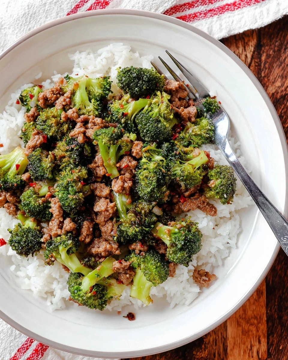 A white plate with a thick rim holds a bed of fluffy white rice forming the bottom layer, topped with a mix of brown cooked ground meat and bright green broccoli florets as the second layer, scattered evenly across the rice. The broccoli has a tender, slightly oily texture with a light shine, and some small red flakes are visible on the food. A silver fork rests on the plate’s edge, slightly on the rice. The plate is set on a wooden surface with a hint of a white and red striped cloth nearby. photo taken with an iphone --ar 4:5 --v 7