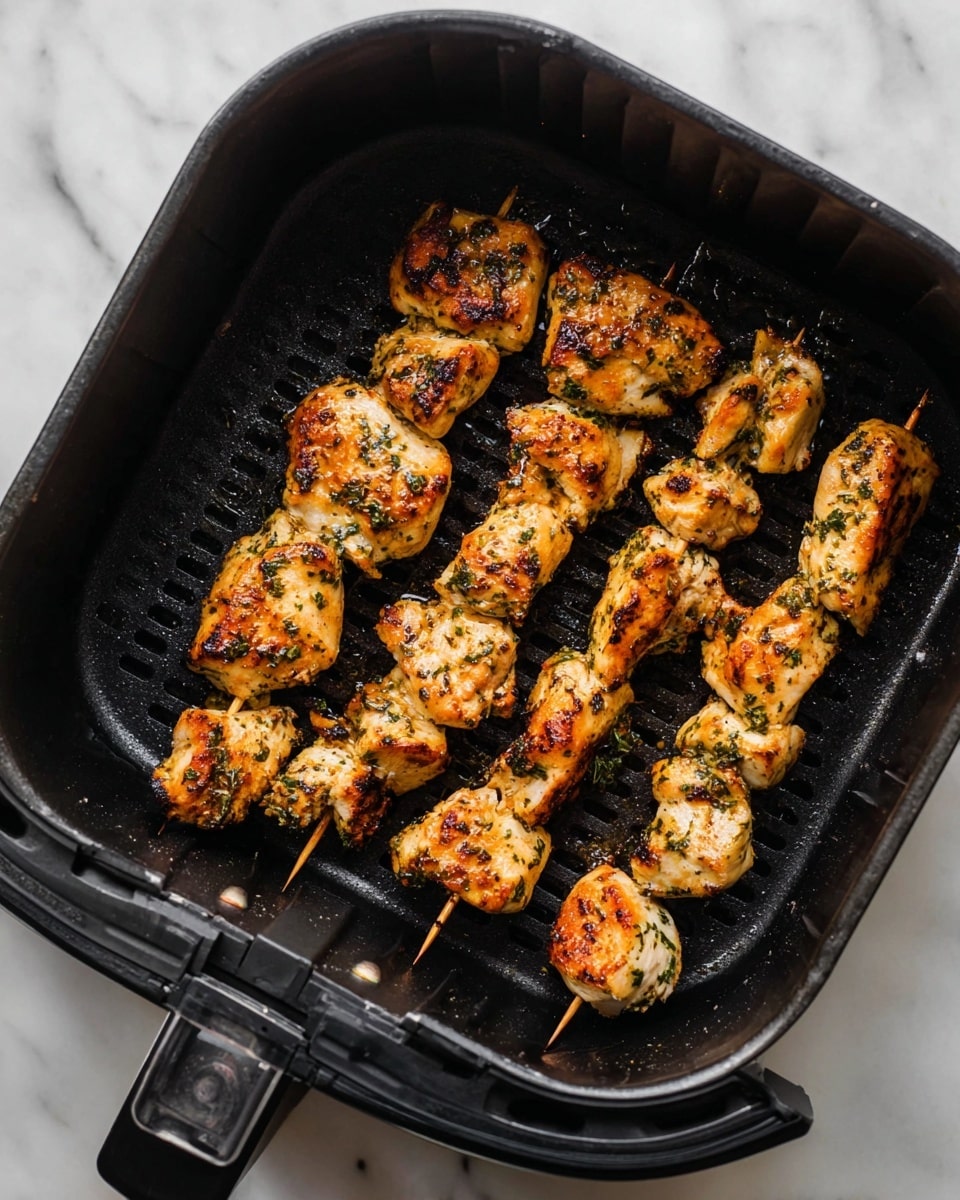 Seven skewers of grilled chicken pieces are arranged inside a black air fryer basket with a ridged surface. Each skewer has chunks of golden-brown chicken seasoned with green herbs and spices, showing a slightly crispy texture. The chicken pieces are uneven in size and shape, with some pieces looking thicker and juicier. The air fryer basket has a handle on one side and sits on a white marbled surface. The lighting highlights the shiny, cooked surface of the chicken and the grill marks inside the basket. photo taken with an iphone --ar 4:5 --v 7