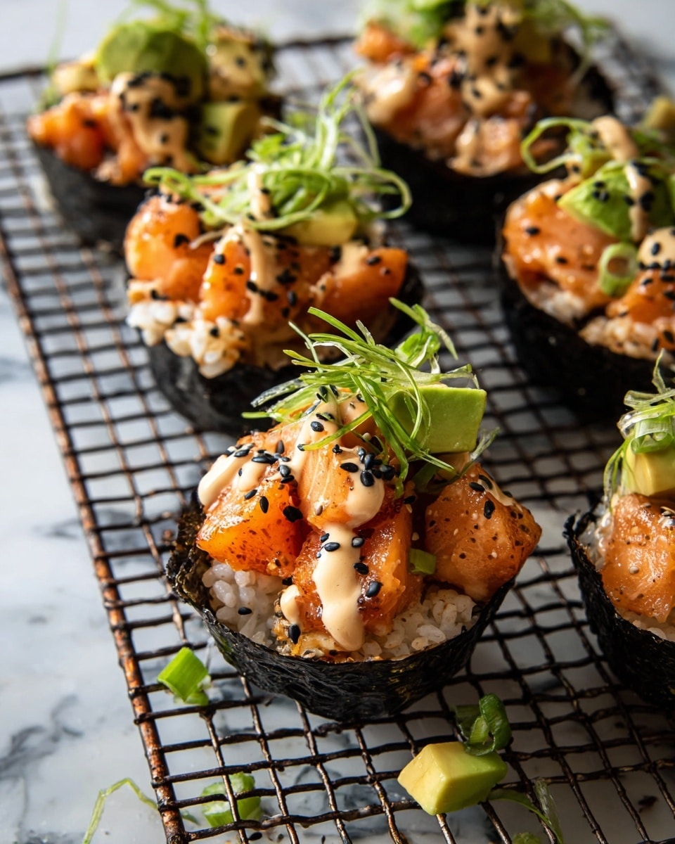 The image shows small sushi cups made of dark nori seaweed forming the base layer, filled with white rice. On top of the rice are orange-brown cooked salmon pieces arranged in a loose pile. The salmon is drizzled with a light beige creamy sauce and sprinkled with black and white sesame seeds. Small green avocado cubes and thin strips of fresh green scallions are placed on top, adding a fresh pop of color. The sushi cups are presented on a dark wire rack over a white marbled surface. photo taken with an iphone --ar 4:5 --v 7