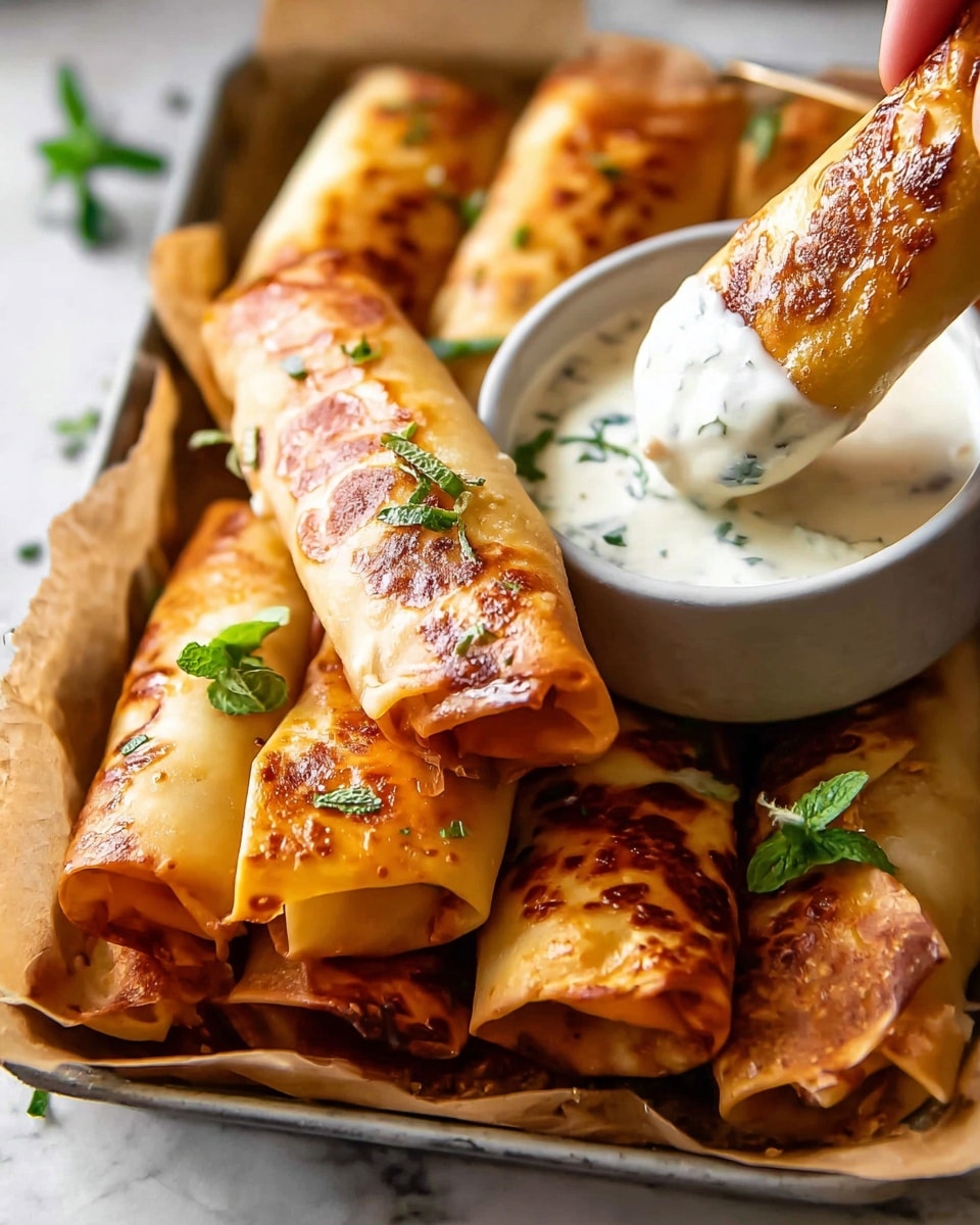 The image shows a pile of golden brown crispy rolled wraps stacked on a white tray with parchment paper. Each wrap has a shiny, bubbly skin with some darker toasted spots, showing a crunchy texture. One wrap is held by a woman's hand, dipped halfway into a small white cup filled with a creamy white sauce speckled with green herbs. Small green herb leaves are placed on top of a few wraps, adding a fresh touch. The background and surface are white marbled, adding brightness to the scene. photo taken with an iphone --ar 4:5 --v 7