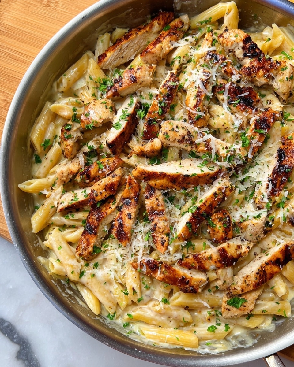 A close-up image of a large metal pan filled with creamy pasta and grilled chicken. The dish has two layers: the bottom layer is penne pasta coated in a light cream sauce with a smooth texture, pale yellow in color. On top of the pasta are many pieces of grilled chicken strips, browned and slightly charred with a golden-brown color and visible seasoning. The dish is sprinkled with finely chopped green parsley and grated white cheese, adding small flecks of green and white across the surface. The pan sits on a wooden surface, but the background has been changed to a white marbled texture. photo taken with an iphone --ar 4:5 --v 7