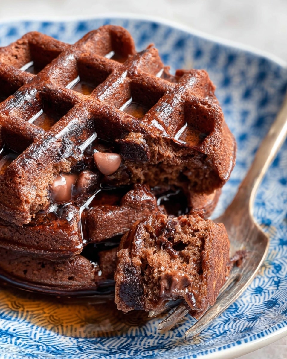 A close-up of two thick chocolate waffles stacked slightly on top of each other on a white plate with blue patterns, topped with shiny syrup that pools in the waffle's grid holes. A fork holds a bite-sized piece of waffle in front, showing a moist, dense inside with melted chocolate chips. The waffle's texture is rough and bumpy with dark chocolate spots. The background is a white marbled texture. photo taken with an iphone --ar 4:5 --v 7