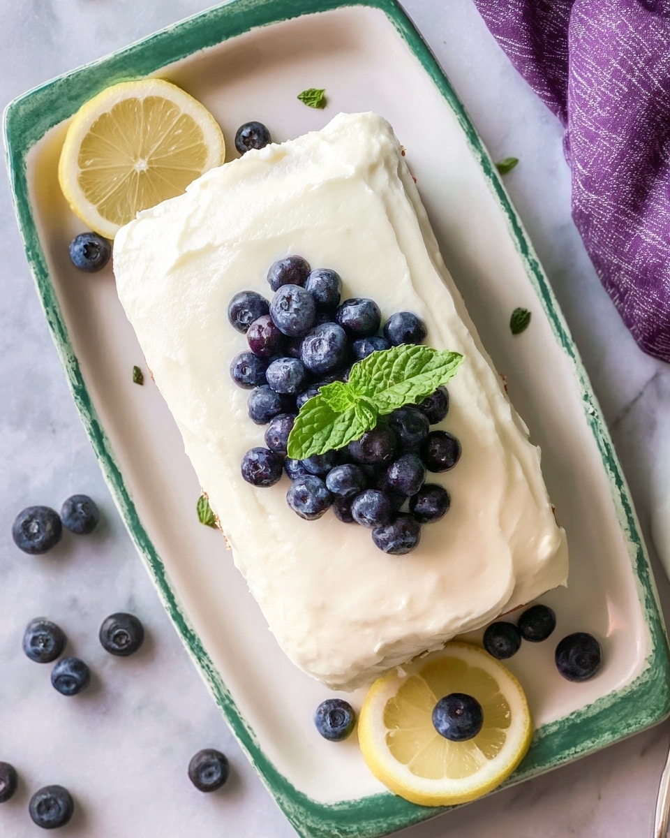 A rectangular cake covered with smooth white frosting sits on a white plate with a green border. On top of the cake is a small pile of fresh blueberries with a green mint leaf placed in the center. Two lemon slices rest on the bottom right corner of the plate. Scattered blueberries are on the white marbled surface around the plate. A purple and white cloth is partially visible in the top right corner. The overall look is clean and fresh. photo taken with an iphone --ar 4:5 --v 7