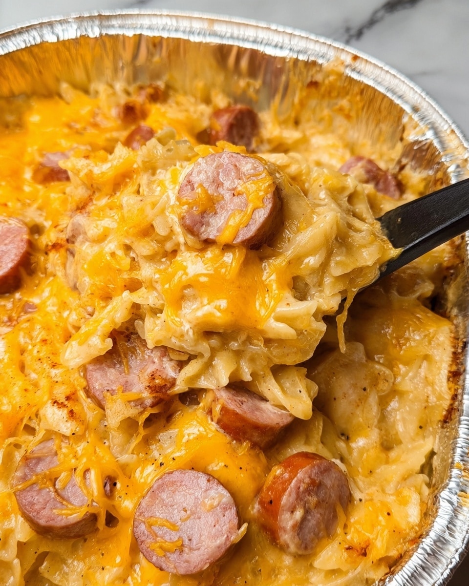 The image shows a close-up view of a creamy baked dish in a white container lined with foil. The dish has two main layers: the bottom layer is a soft, pale yellow pasta mixed with light-colored cheese melted throughout, and the top layer is coated with melted, bright orange cheese. Mixed inside the pasta are sliced sausage pieces with a pinkish-brown color. The texture looks soft and cheesy, with the cheese forming a smooth, glossy surface that covers the pasta and sausages. A black spoon is scooping out some of the dish from the container. The background features a white marbled texture. photo taken with an iphone --ar 4:5 --v 7
