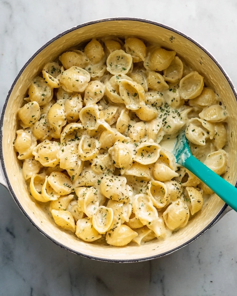 The image shows a large round white pot filled with small shell-shaped pasta coated in a creamy cheese sauce, with herbs sprinkled evenly throughout. The sauce looks smooth and thick, slightly shiny, and clings to the pasta shells. A turquoise spoon rests on the right side inside the pot, partially stirring the pasta. The pot sits on a white marbled surface that shines softly under natural light. Photo taken with an iphone --ar 4:5 --v 7