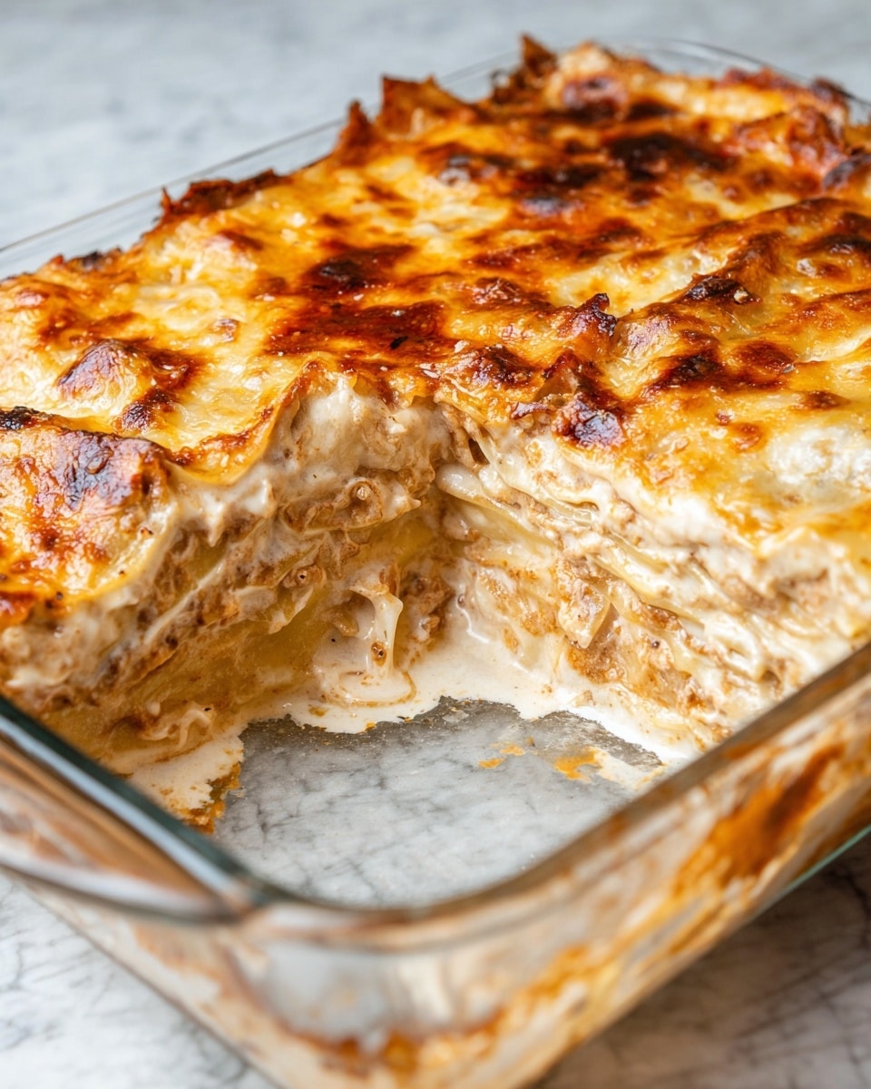 A baked dish with six visible layers of soft, light beige pasta sheets alternating with creamy, light brown sauce layers inside a clear glass baking dish on a white marbled texture. The top layer is golden brown with melted cheese and some crispy, darker brown spots. One slice is taken out, showing thick and rich sauce dripping slightly around the edges and inside the empty space. The dish looks warm, creamy, and richly textured. Photo taken with an iphone --ar 4:5 --v 7
