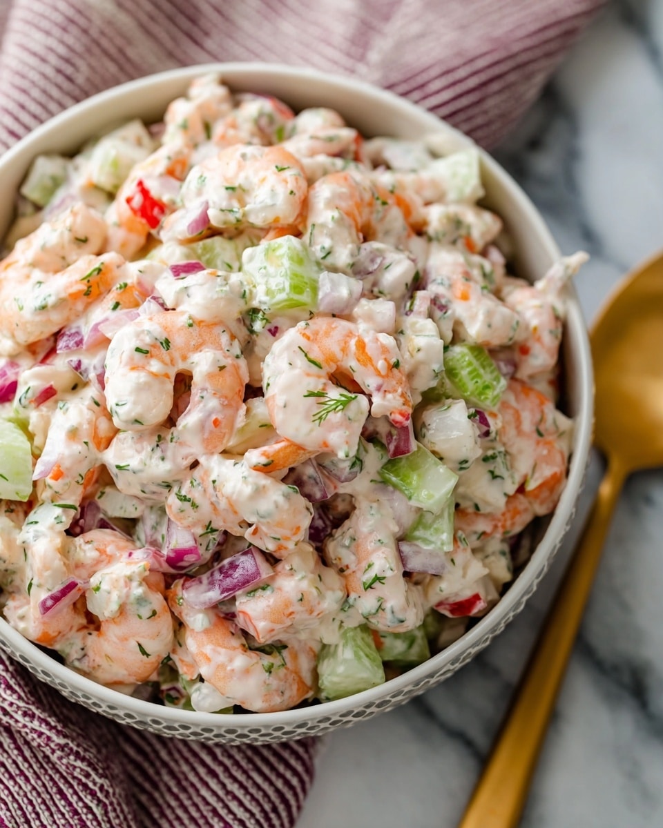 A close-up of a creamy shrimp salad in a white bowl with a dotted edge, filled with small pink shrimp mixed with chopped celery, white onion, red onion, and bits of red bell pepper, all coated in a white creamy dressing with green herb specks; the bowl sits on a white marbled surface alongside a striped cloth. photo taken with an iphone --ar 4:5 --v 7