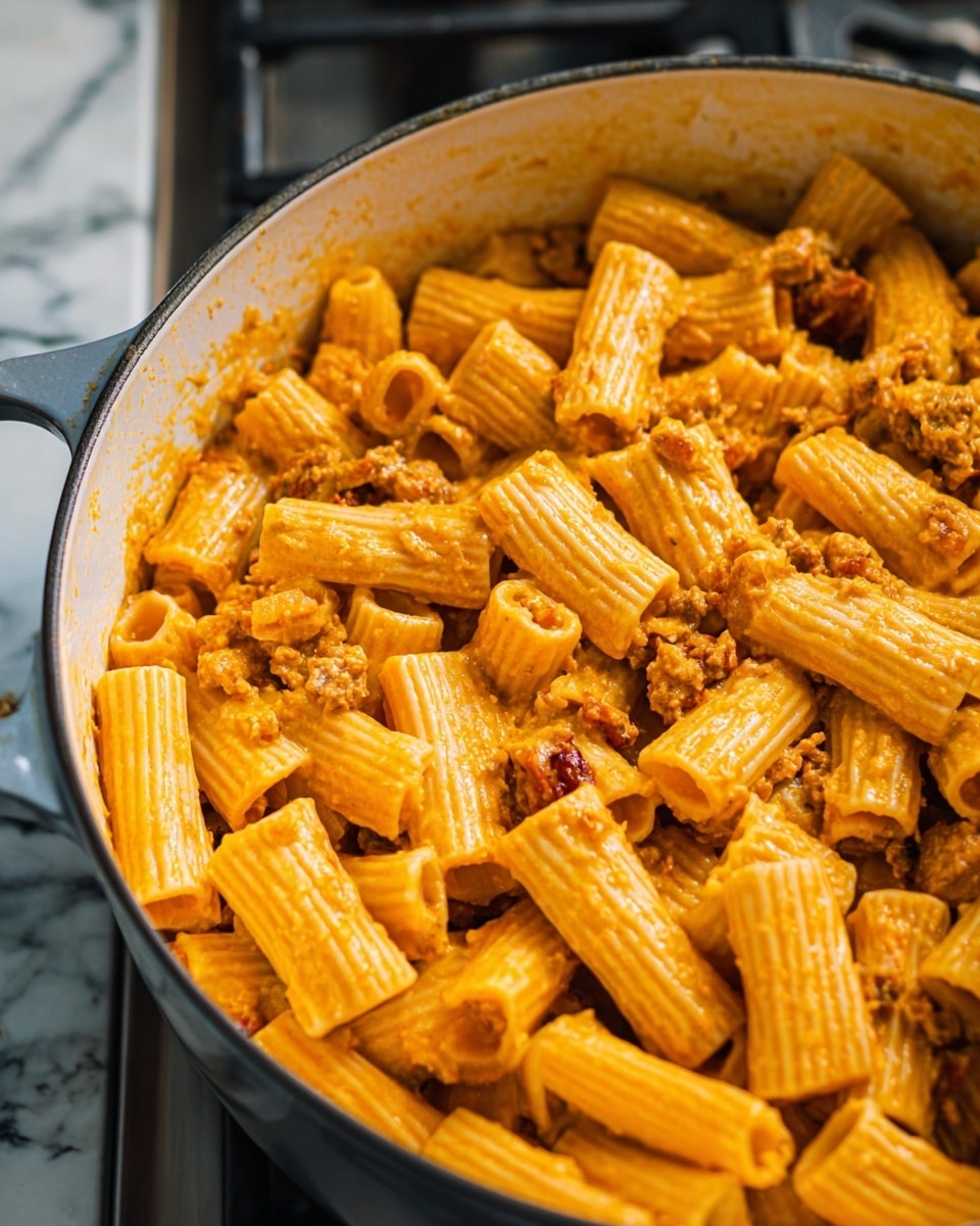 The image shows a close-up view of rigatoni pasta covered in a creamy orange sauce, mixed with small bits of what looks like cooked minced meat and small pieces of sun-dried tomatoes. The pasta pieces are thick, ridged, and tubular, all coated evenly with the sauce that gives a smooth and slightly glossy texture. The pasta fills most of a large white cooking pot with a dark handle edge visible on the right side. The background shows a stove surface with a hint of a burner grate and a white marbled surface underneath. photo taken with an iphone --ar 4:5 --v 7