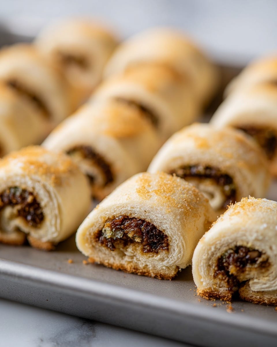 This image shows multiple small rolls made from soft white bread, each roll tightly wrapped around a dark, textured filling that looks like a mix of finely chopped ingredients. The rolls are arranged in rows on a gray tray, with the focus on the front rolls while the ones in the back are blurred. The bread looks fluffy and light, and the filling inside adds a contrast with brown and green tones. The surface beneath the tray is a white marbled texture. photo taken with an iphone --ar 4:5 --v 7