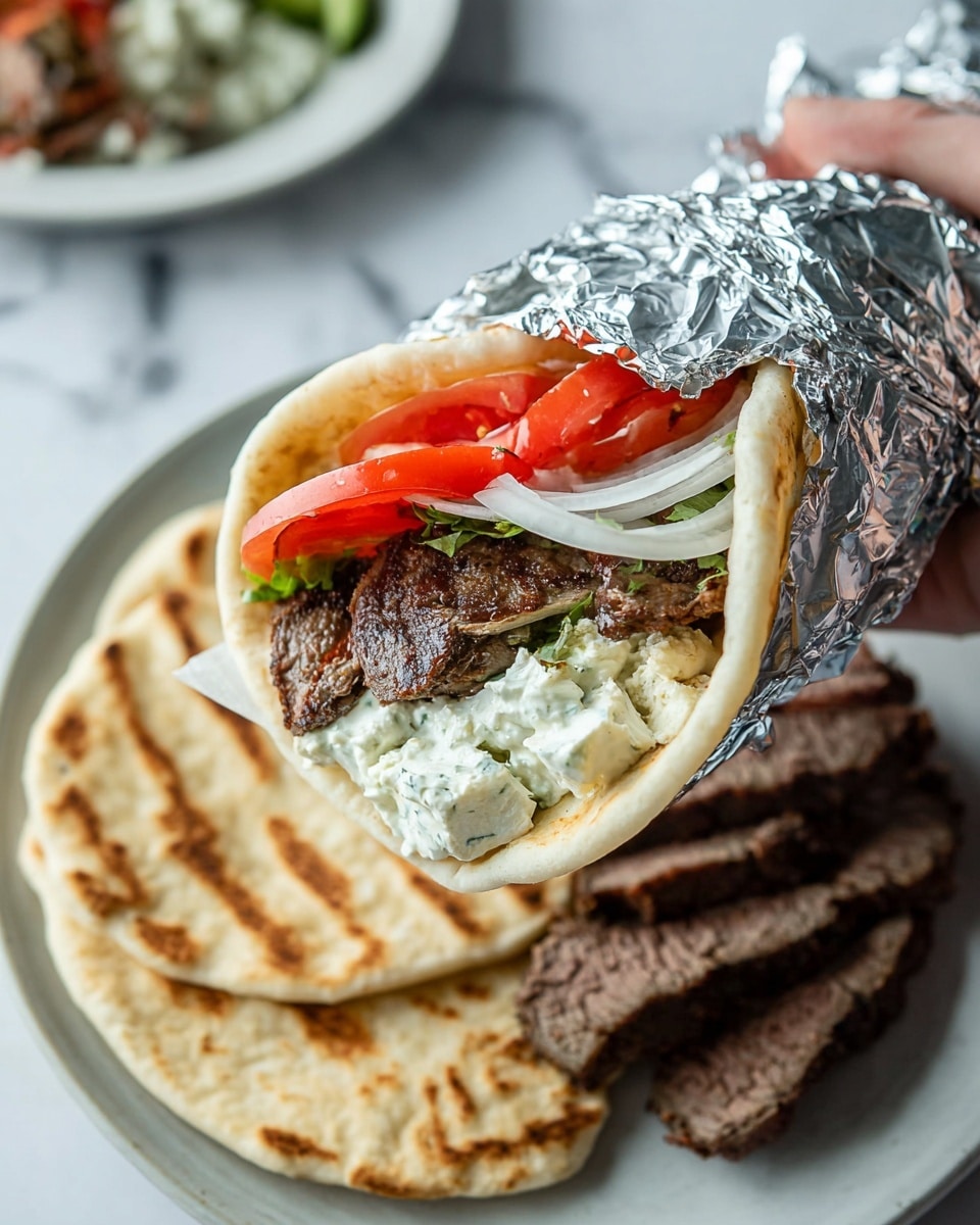 A woman's hand is holding a pita wrap covered partly in shiny silver foil and white parchment paper. Inside the wrap, you see several layers starting with a flat, round, light beige pita bread. On top of that is a layer of dark grilled meat with a slightly rough texture, followed by fresh white onion slices, bright red tomato wedges, creamy white chunks of cheese, and a dollop of pale green tzatziki sauce with visible cucumber pieces. Below, on a white marbled surface, is a white plate with slices of the same grilled meat and some flat round pita breads. Photo taken with an iphone --ar 4:5 --v 7