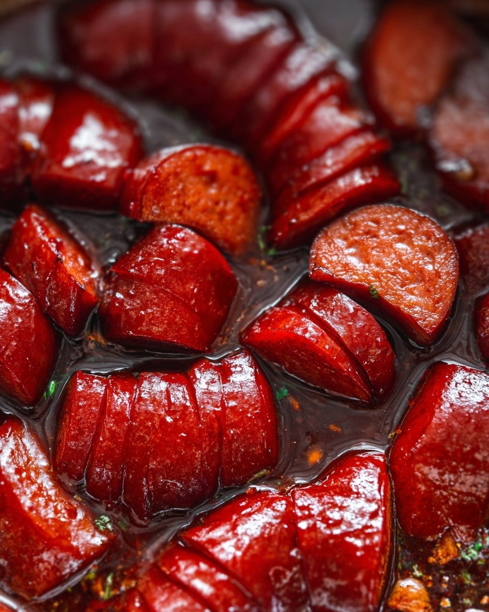 The image shows several thick, shiny slices of bright red sausage cooked in dark, rich sauce, filling the frame closely. The sausage pieces are arranged randomly, some cut in a way that the ends are split into small sections, giving a claw-like look. The glossy texture of the sausage and sauce reflects light, making them look juicy and fresh. The background is blurred but looks like the sausage is in a deep pan with bits of sauce collected around the edges. The overall colors are deep red and brown with a wet, glossy surface photo taken with an iphone --ar 4:5 --v 7