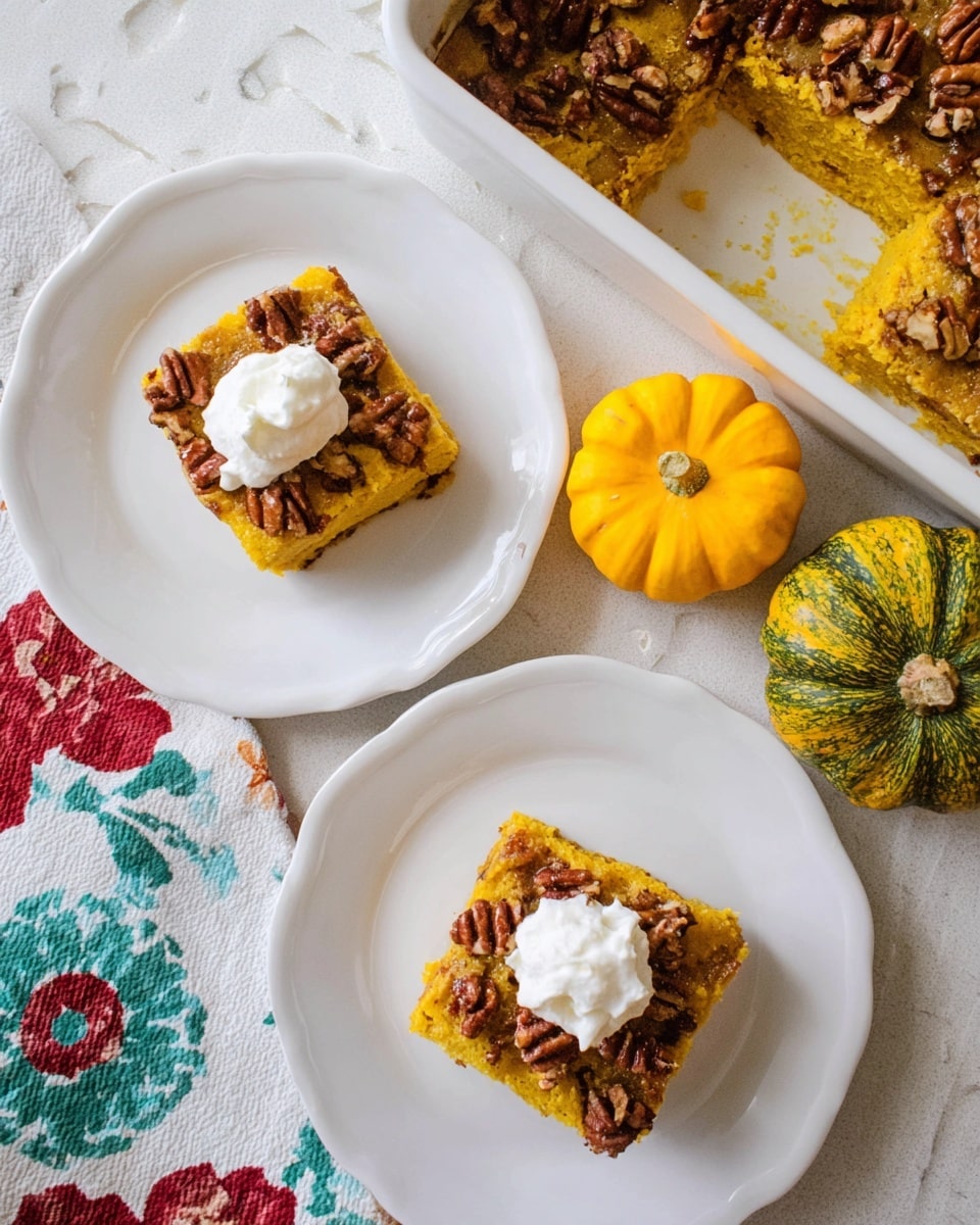A close-up view of a square slice of baked dessert being lifted from a white baking dish. The dessert has two main layers: the bottom layer is golden brown and slightly crumbly, while the top layer is a bright yellow custard-like texture with a glossy finish scattered with small pieces of toasted pecans that are deep brown. The edges of the slice show a slightly darker baked crust. The background shows the baking dish filled with the remaining dessert, sitting on a white marbled surface with a cloth underneath featuring orange and turquoise floral designs. The metal spatula holding the slice is shiny and reflective photo taken with an iphone --ar 4:5 --v 7