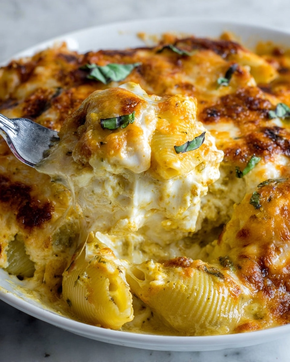 This image shows a close-up of a cheesy pasta dish in a white bowl on a white marbled surface. The dish has several layers: at the bottom, there are large pasta shells coated in a creamy, yellowish sauce. Above that is a thick layer of melted cheese with a golden and slightly browned texture on top, giving a rich, bubbly look. Small green basil pieces are scattered on the cheese for color contrast. A fork is lifting some pasta shells covered in the sauce and cheese layers, showing the dish's creamy inside. Photo taken with an iphone --ar 4:5 --v 7