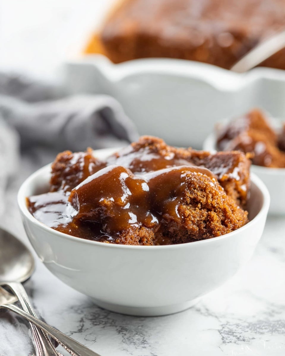 A white bowl filled with soft, crumbly brown cake pieces soaked and covered generously in thick, shiny brown sauce, with some cake chunks floating on top and others submerged. The bowl is placed on a white marbled surface with a silver spoon and fork lying beside it. In the background, a white dish containing more of the same cake and sauce is visible, with a serving spoon resting in it, slightly blurred. The overall scene has a bright, clean look with soft natural light. photo taken with an iphone --ar 4:5 --v 7