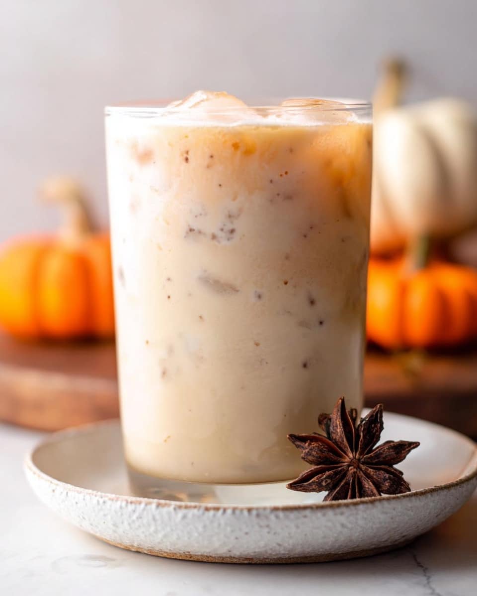 A clear glass filled with a creamy, light tan iced drink with small darker specks, topped with a frothy layer of the same color, with some ice cubes inside. A woman's hand holds a clear glass straw inserted into the drink from the top right. The glass sits on a light brown wooden round tray that also holds star anise and cloves scattered around it. Behind the glass, a small white pumpkin is on the left and an orange pumpkin is on the right on a white marbled surface. Photo taken with an iphone --ar 4:5 --v 7