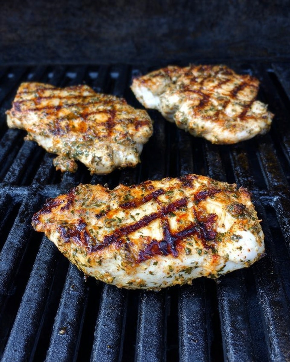 Three grilled pieces of seasoned chicken with visible herbs and spices rest on dark grill bars. Each piece has clear dark brown grill marks running horizontally, showing a slightly charred texture. The chicken has a light golden color with areas of white and brown, showing different thickness and rough edges. The background beneath the grill bars is dark and textured. photo taken with an iphone --ar 4:5 --v 7