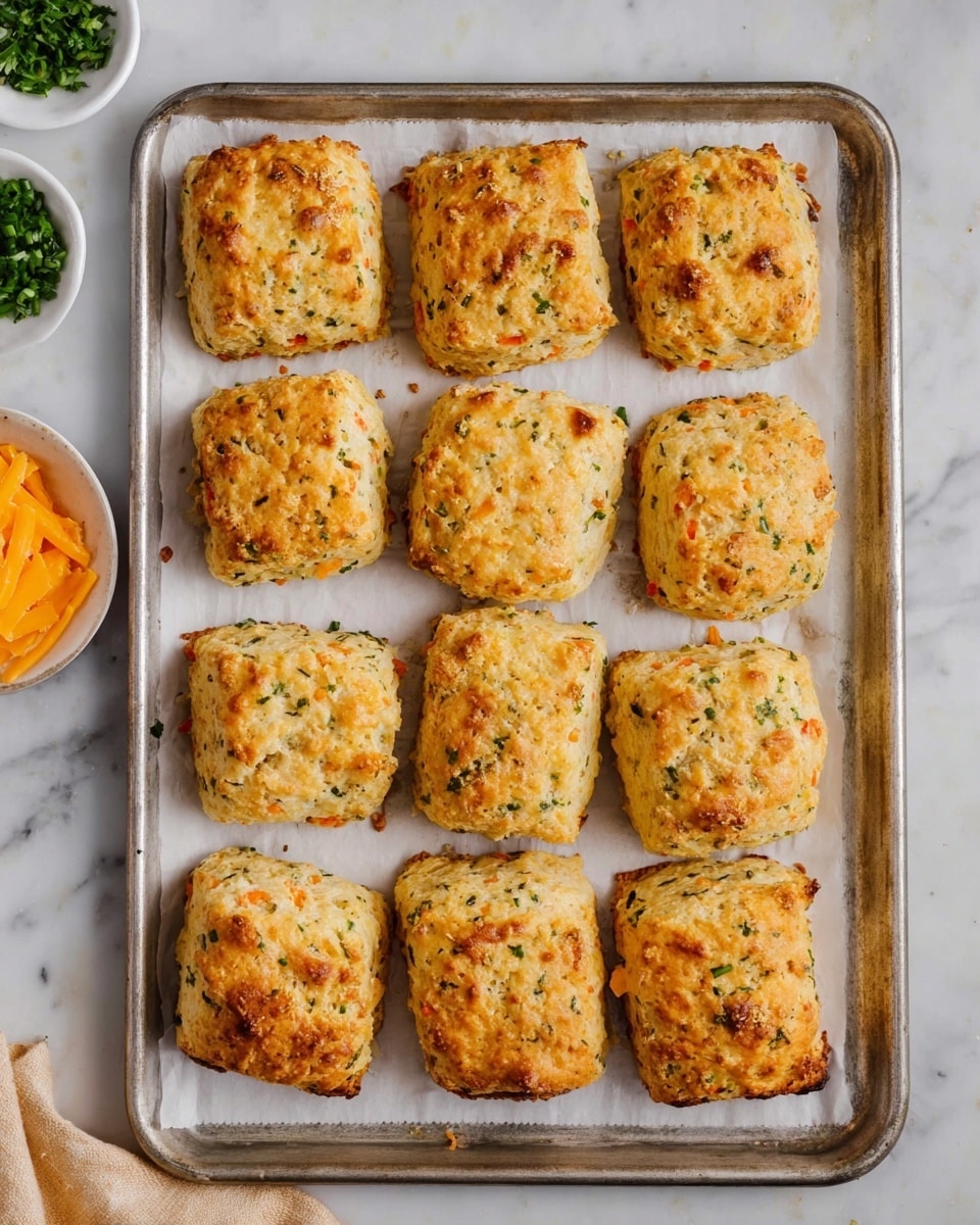 Twelve baked square and slightly rounded biscuits are arranged neatly in three rows on white parchment paper, placed on a silver baking tray. The biscuits have a golden-brown crust with visible small green and orange bits inside, showing herbs and vegetables mixed into the dough. The edges of the biscuits are slightly crumbly, and their tops have a textured, crispy look. The scene includes a white marbled surface underneath, with a white bowl of chopped green herbs and some orange cheese visible in the top corners. photo taken with an iphone --ar 4:5 --v 7