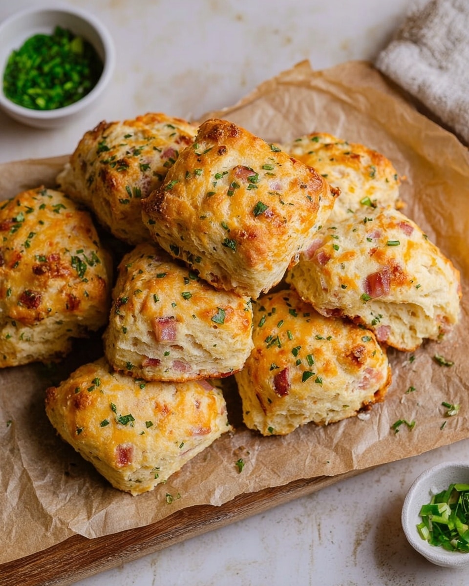 A pile of nine light golden square biscuits with slightly browned edges is placed on crumpled parchment paper on a wooden board. Each biscuit shows bits of orange cheese and small pink pieces, likely ham, scattered throughout the dough, with green herb flecks sprinkled on top. The biscuits have a soft, fluffy texture with a slightly crunchy exterior. Around the board, there are small white bowls containing chopped green herbs, and a small portion of the white marbled surface is visible. Photo taken with an iphone --ar 4:5 --v 7