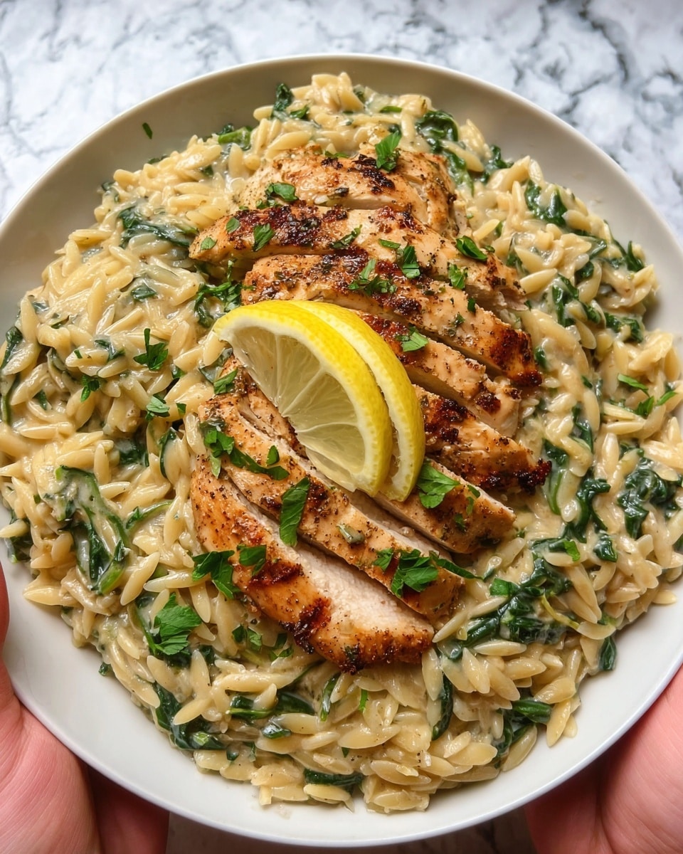 A white plate filled with a creamy orzo pasta mixed with green spinach pieces and herbs, forming the base layer. On top, there are thin slices of golden-brown cooked chicken arranged neatly on one side. In the center, a silver fork held by a woman's hand lifts a bite-sized piece of chicken topped with a creamy portion of the orzo, showing the moist and textured pasta and chicken close up. The whole dish is set on a white marbled surface. photo taken with an iphone --ar 4:5 --v 7