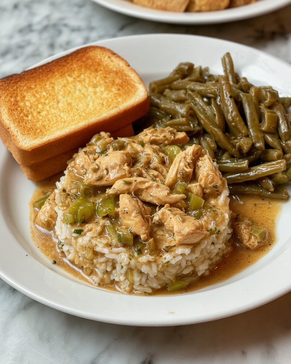 The dish shows a white plate with three parts: on the left side is a single slice of golden yellow toasted bread with a slightly browned crust; in the middle is a creamy mixture of light brown rice with small green vegetable pieces and tender light-colored meat chunks integrated evenly; on the right side are cooked green beans that have a soft and slightly shiny texture, piled neatly. The plate is set on a white marbled surface, and in the background, there is a partial view of more toasted bread on a white plate and a pan with some of the same rice mixture. Photo taken with an iphone --ar 4:5 --v 7