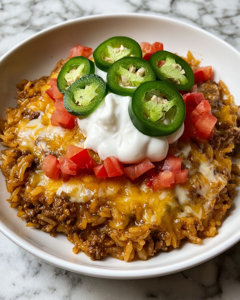 A white plate holds a layered dish starting with a base of cooked ground meat mixed with rice, covered in melted yellow and white cheese that looks creamy and stringy. On top, there is a dollop of smooth white sour cream in the center, surrounded by chunky red tomato pieces and round green jalapeño slices showing their seeds. The plate is placed on a white marbled surface. photo taken with an iphone --ar 4:5 --v 7
