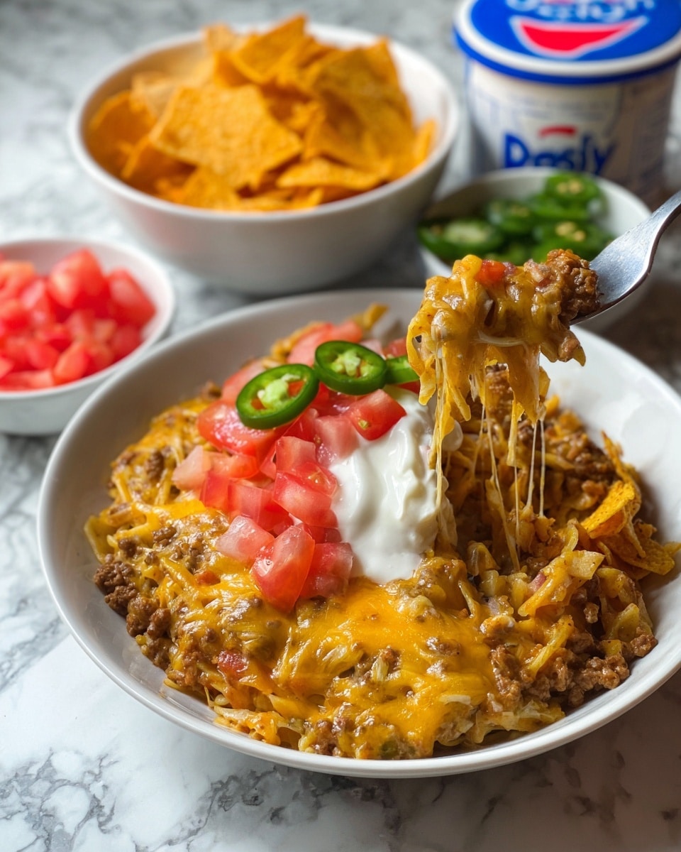 A close-up of a white shallow bowl filled with a layered dish, starting with a base of melted golden-yellow cheese mixed with brown cooked ground meat and soft noodles, topped with small bright red tomato chunks, green jalapeño slices, and broken orange-yellow tortilla chips scattered over the top, with melted cheese strings stretching up to a shiny silver fork lifting a portion of the dish. Behind the bowl on a white marbled surface are three small white bowls, one filled with more orange-yellow tortilla chips, one with chopped red tomatoes, and one with green jalapeño slices, along with a white sour cream container with blue and red writing. Photo taken with an iphone --ar 4:5 --v 7