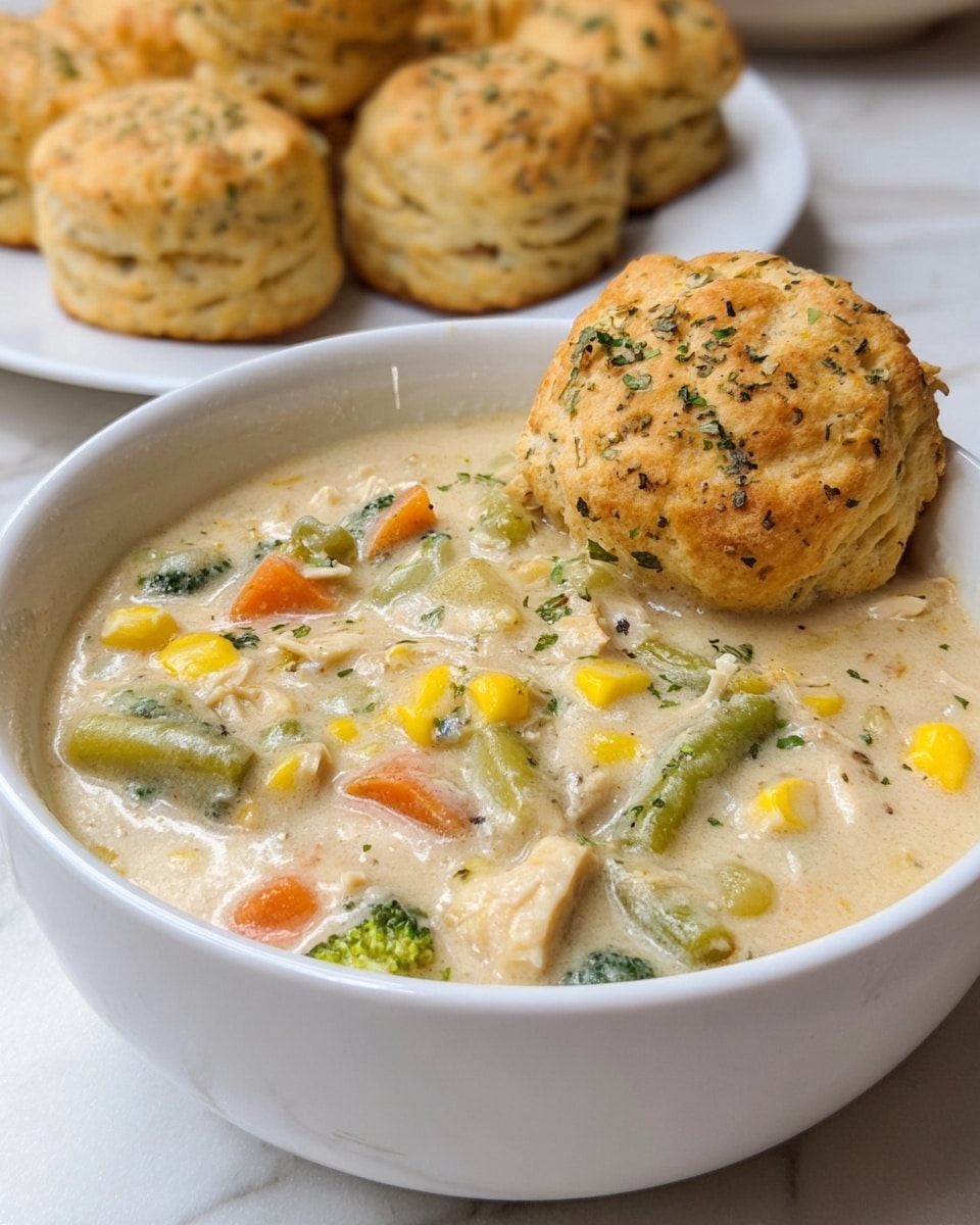 A white bowl filled with creamy soup that has visible layers of yellow corn kernels, orange carrot slices, green broccoli bits, and small pieces of white chicken mixed throughout a thick, pale cream base. Above the bowl, a woman's hand holds a biscuit half dipped in the soup, showing the biscuit's soft white inside with some melted yellow cheese. In the background, a white plate holds several round biscuits topped with green herbs. The whole scene is set on a white marbled surface. photo taken with an iphone --ar 4:5 --v 7