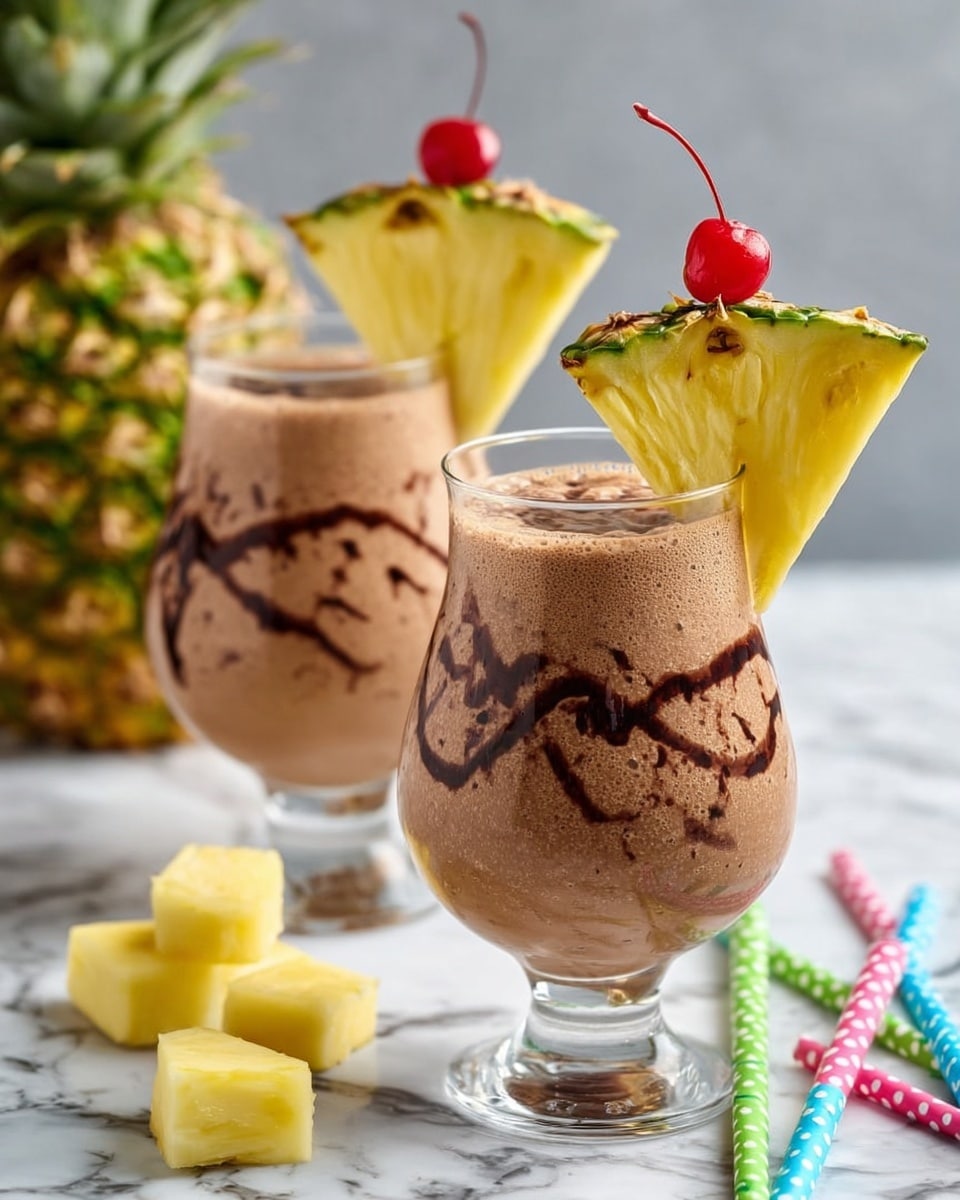 The image shows a tall, curvy clear glass filled with a thick, smooth brown drink that has dark chocolate syrup drizzled inside the glass, creating flowing lines from top to bottom. On the rim of the glass, a juicy triangular slice of pineapple with green skin and yellow flesh is placed, with a red cherry attached by a thin stem resting inside the drink. The glass sits on a white marbled surface scattered with small chunks of pineapple and colorful straws with polka dots in pink, blue, yellow, and white. In the background, another similar glass with the brown drink is slightly blurred, along with a whole pineapple. Photo taken with an iphone --ar 4:5 --v 7